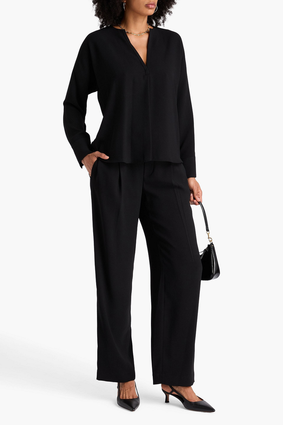 Vince Silk Satin Band-collar Blouse In Black In Blue