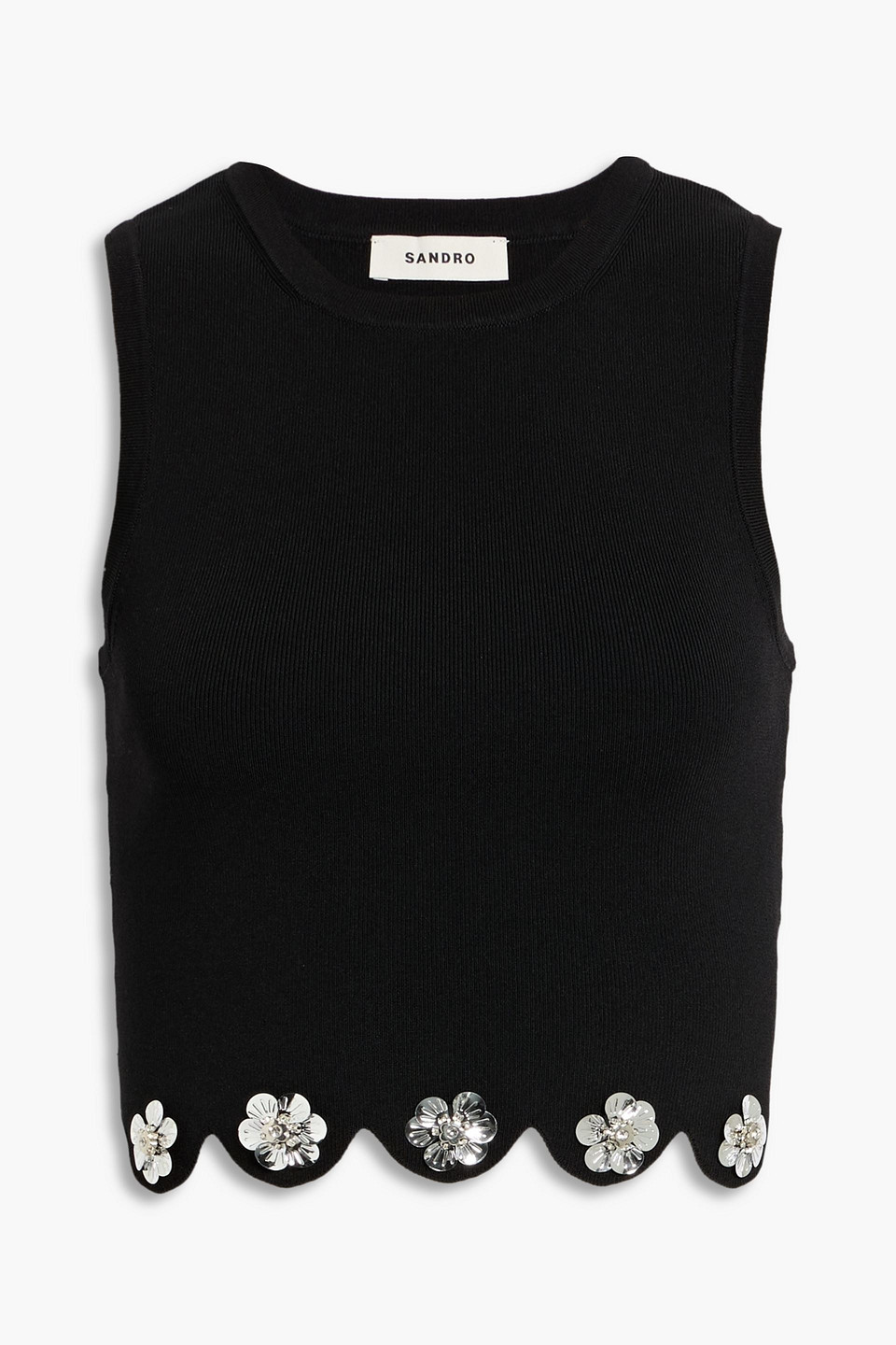 Sandro Embellished Scalloped Stretch-knit Top In Black