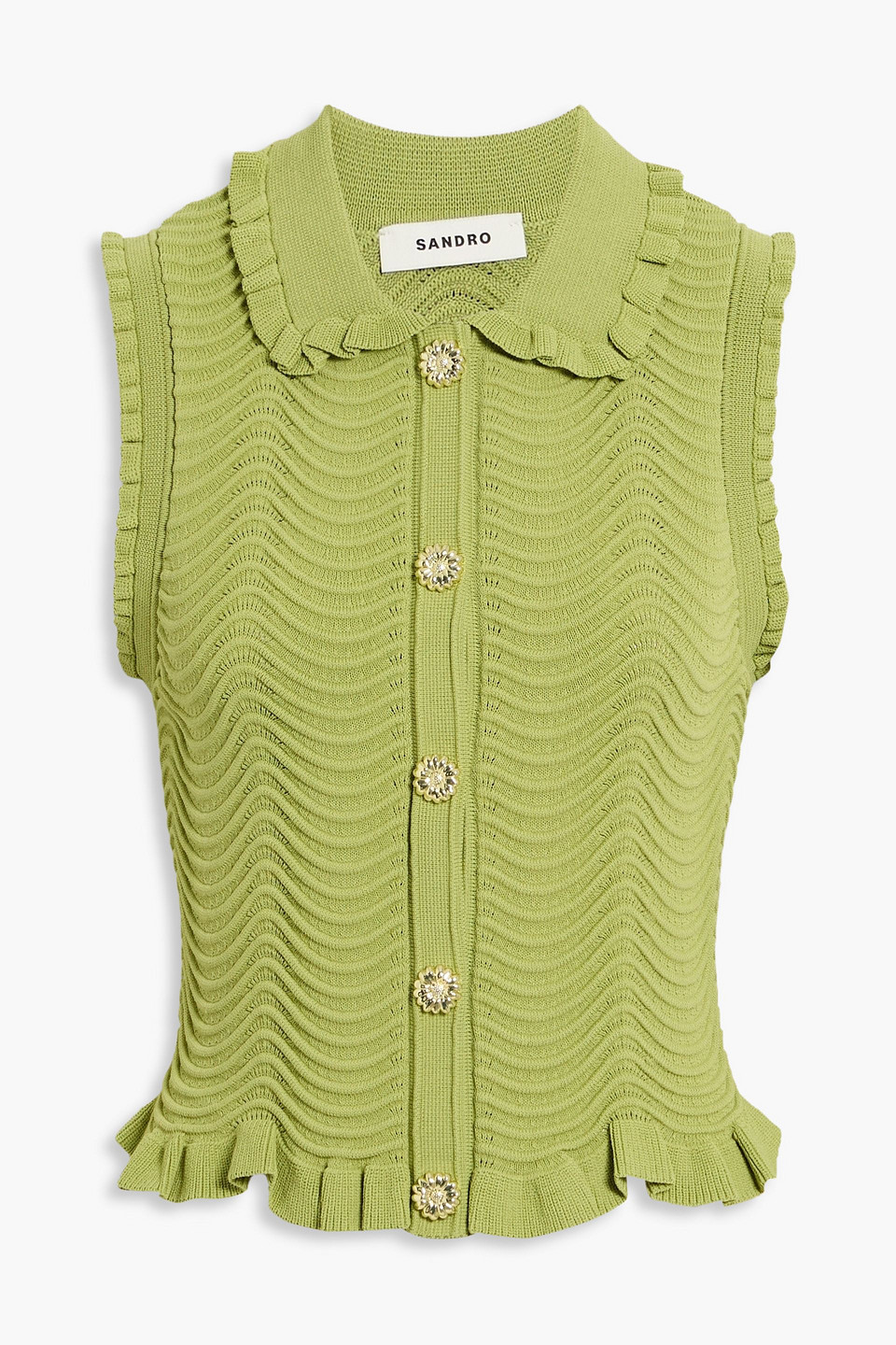 Sandro Ruffled Jacquard-knit Top In Green