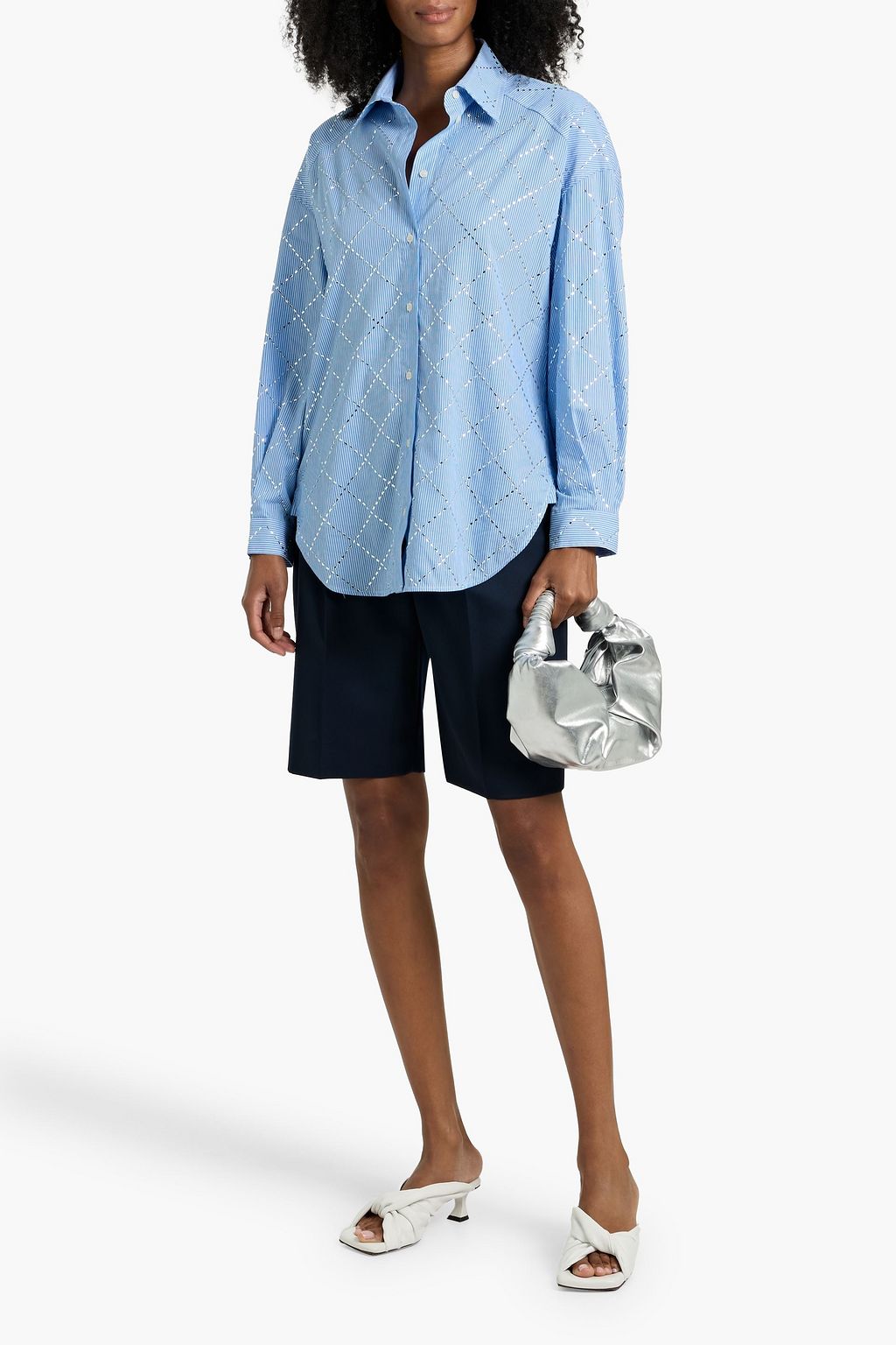 SANDRO Crystal-embellished striped cotton-poplin shirt