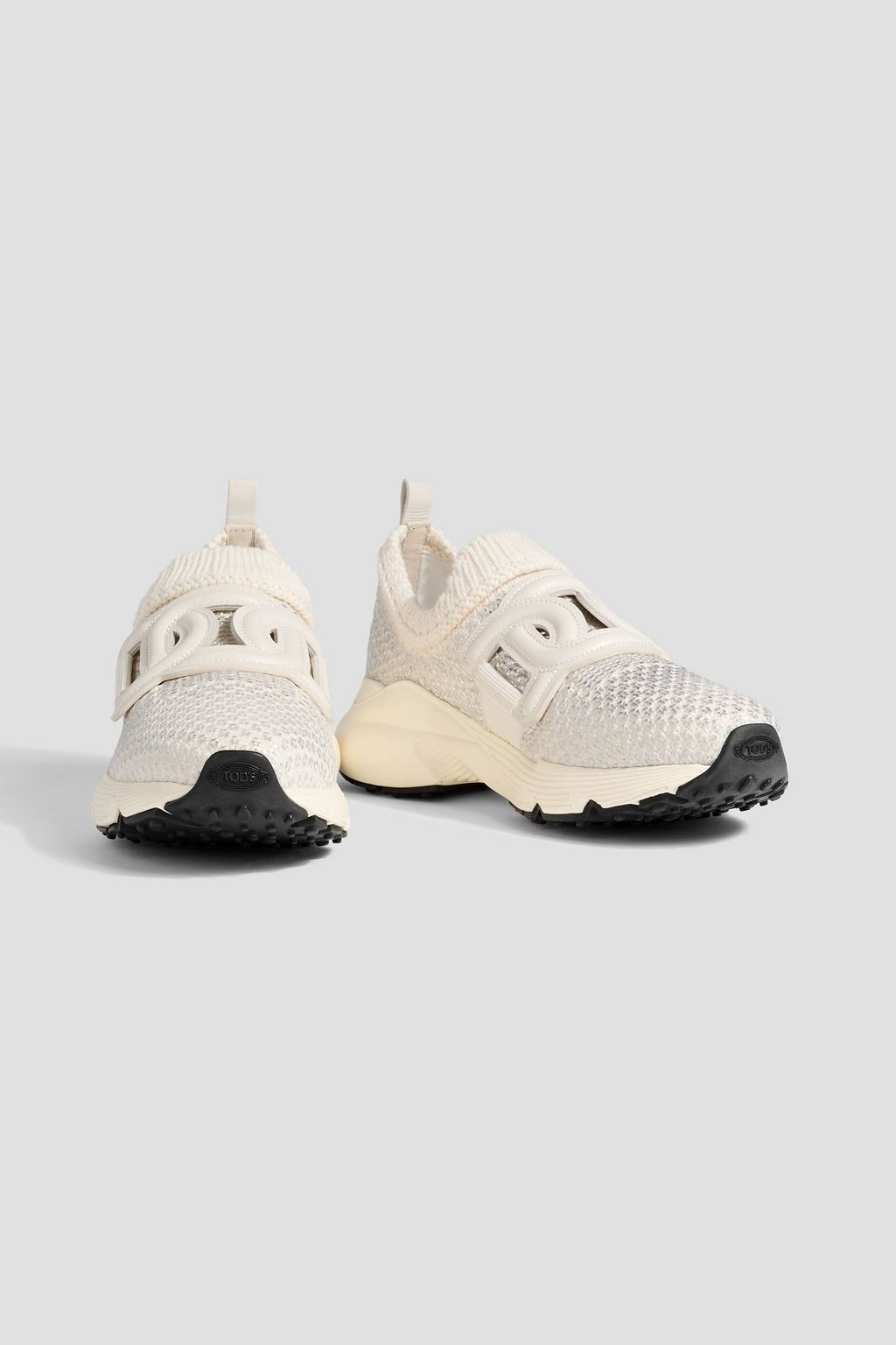 TOD'S Leather-trimmed metallic stretch-knit slip-on sneakers