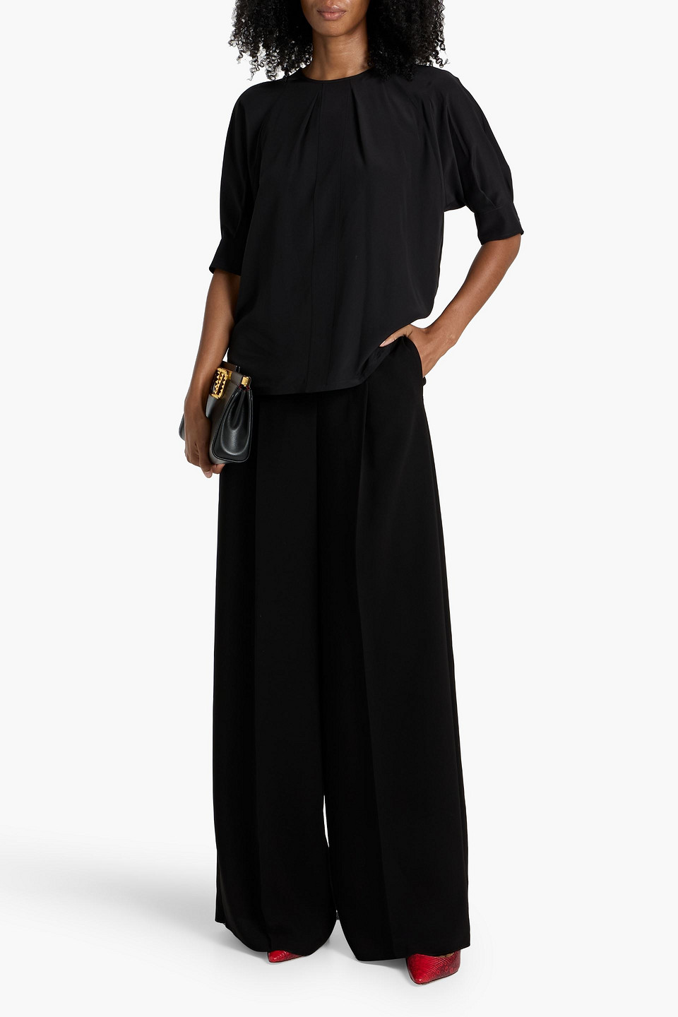 Max Mara Ecuador Pleated Silk Crepe De Chine Top In Black