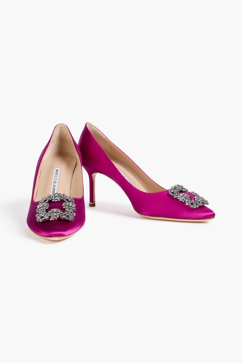 MANOLO BLAHNIK 항이시 크리스털 장식 새틴 펌프스