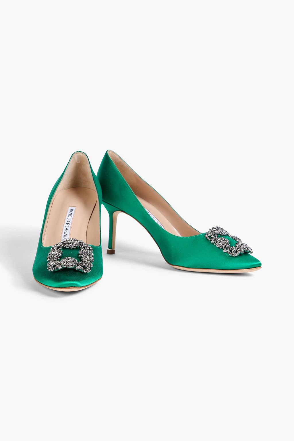 MANOLO BLAHNIK 항이시 크리스털 장식 새틴 펌프스