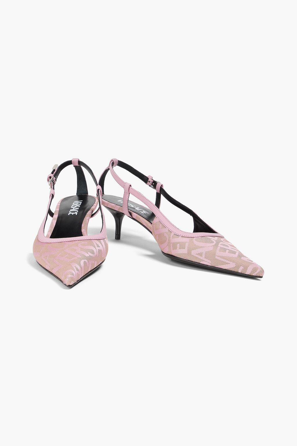 VERSACE Leather-trimmed canvas-jacquard pumps
