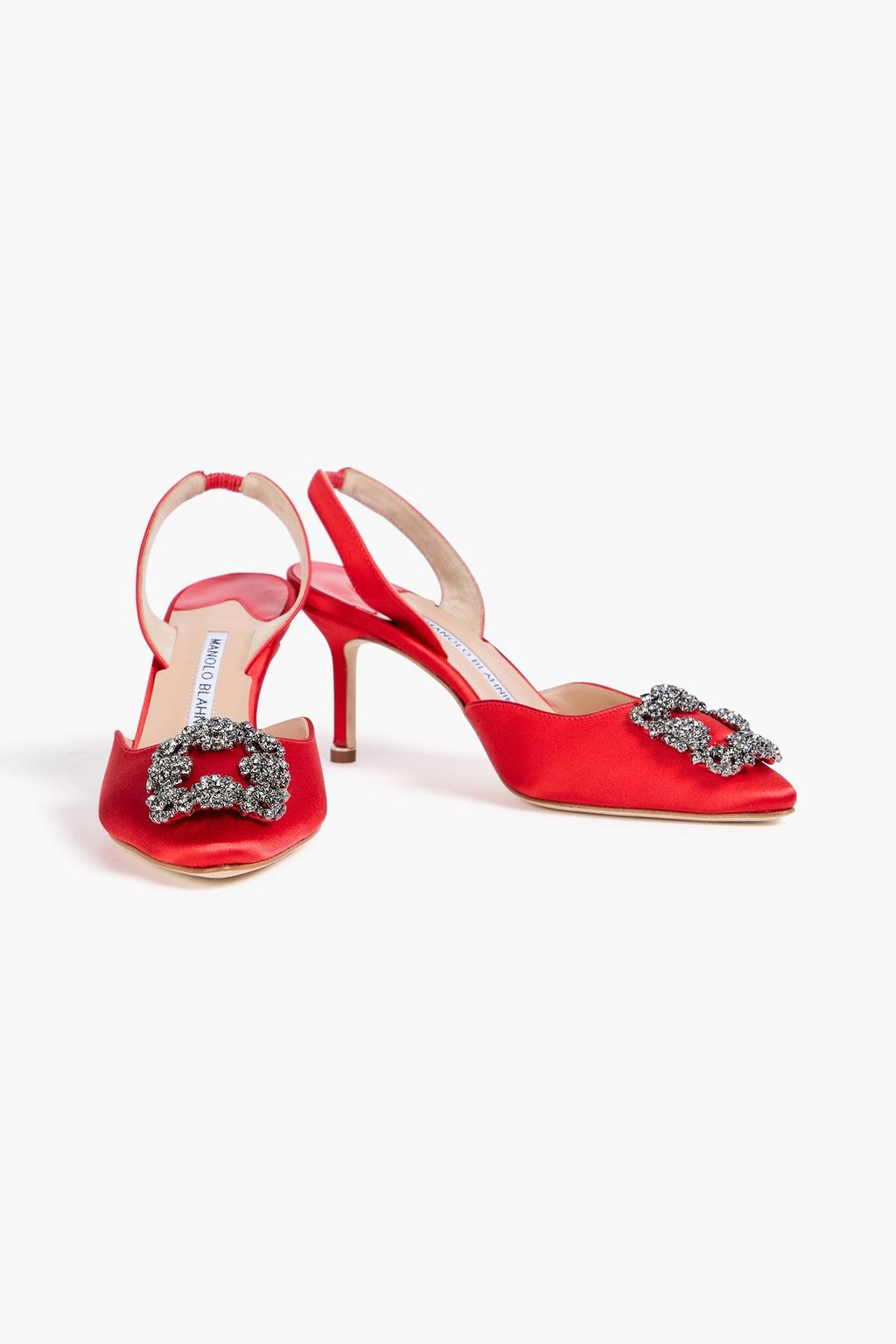 MANOLO BLAHNIK 항이슬리 크리스털 장식 새틴 슬링백 펌프스