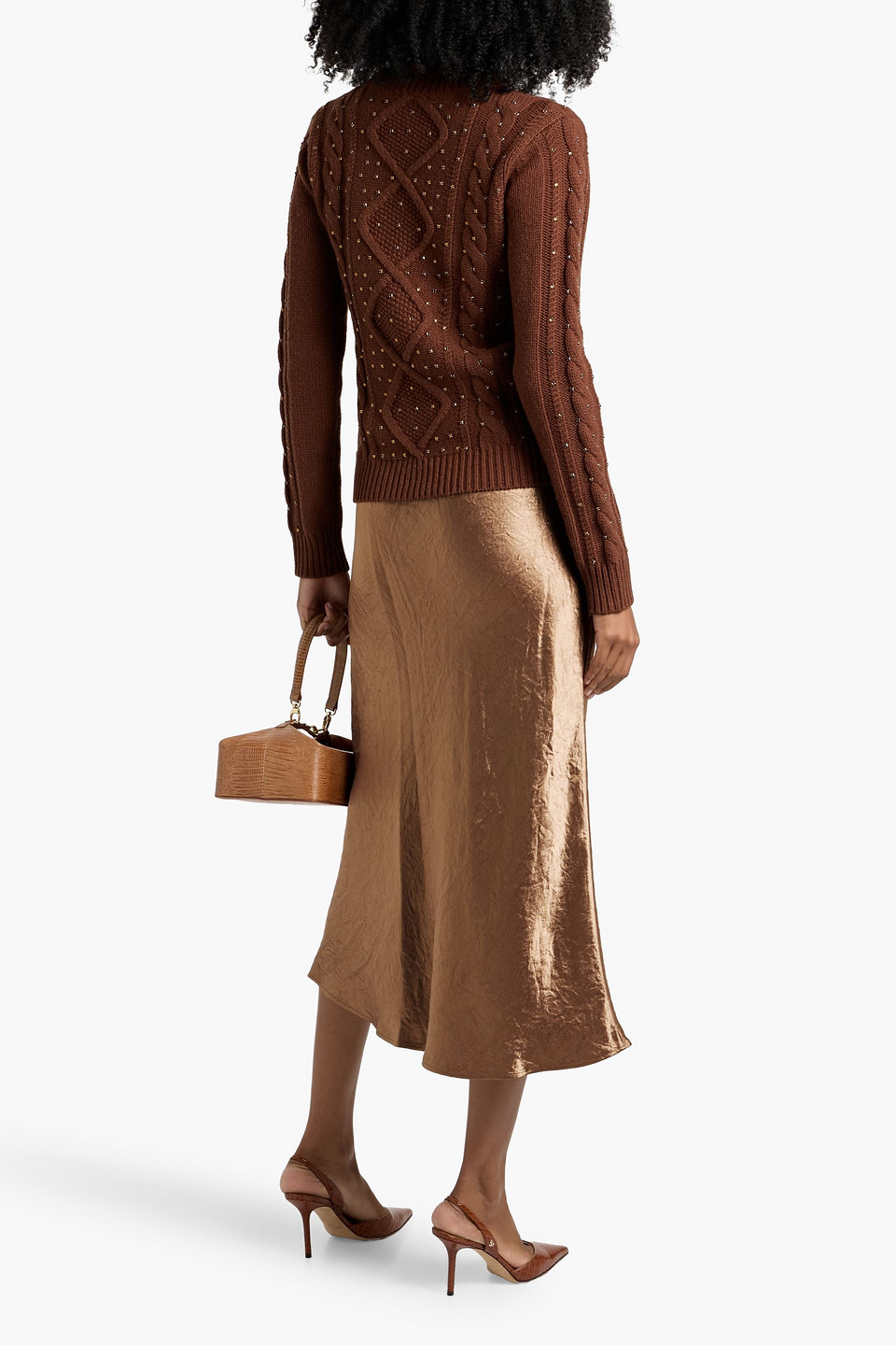 Max Mara Onde Crystal-embellished Cable-knit Wool And Cashmere-blend Sweater In Brown