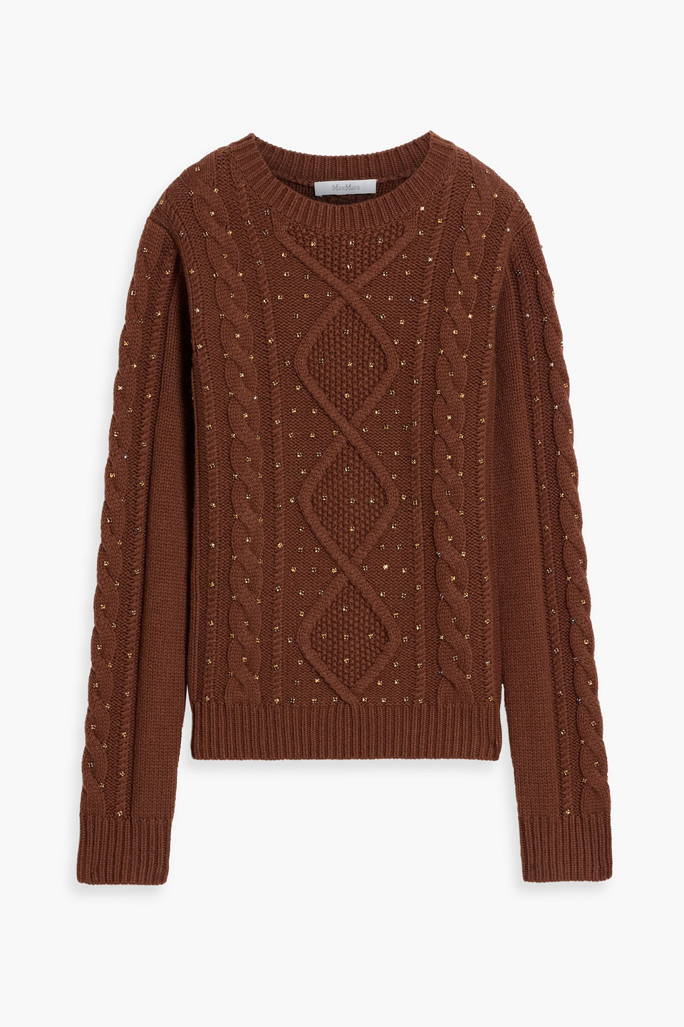 Max Mara Onde Crystal-embellished Cable-knit Wool And Cashmere-blend Sweater In Brown
