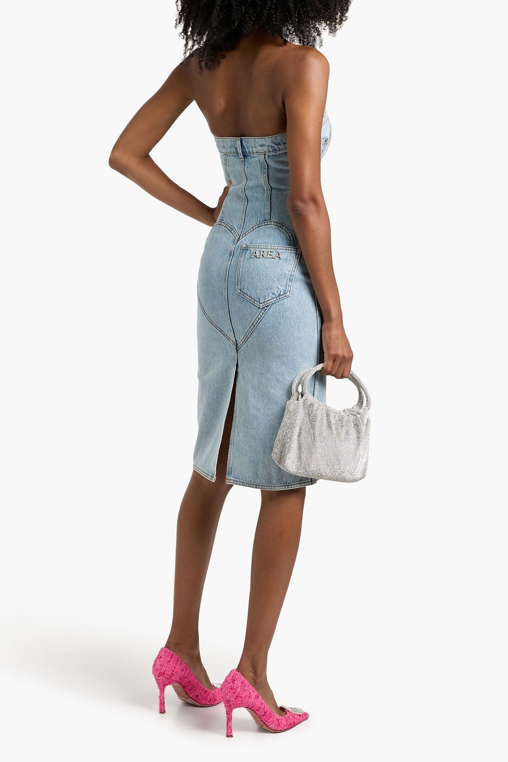 AREA Strapless floral-appliquéd denim dress