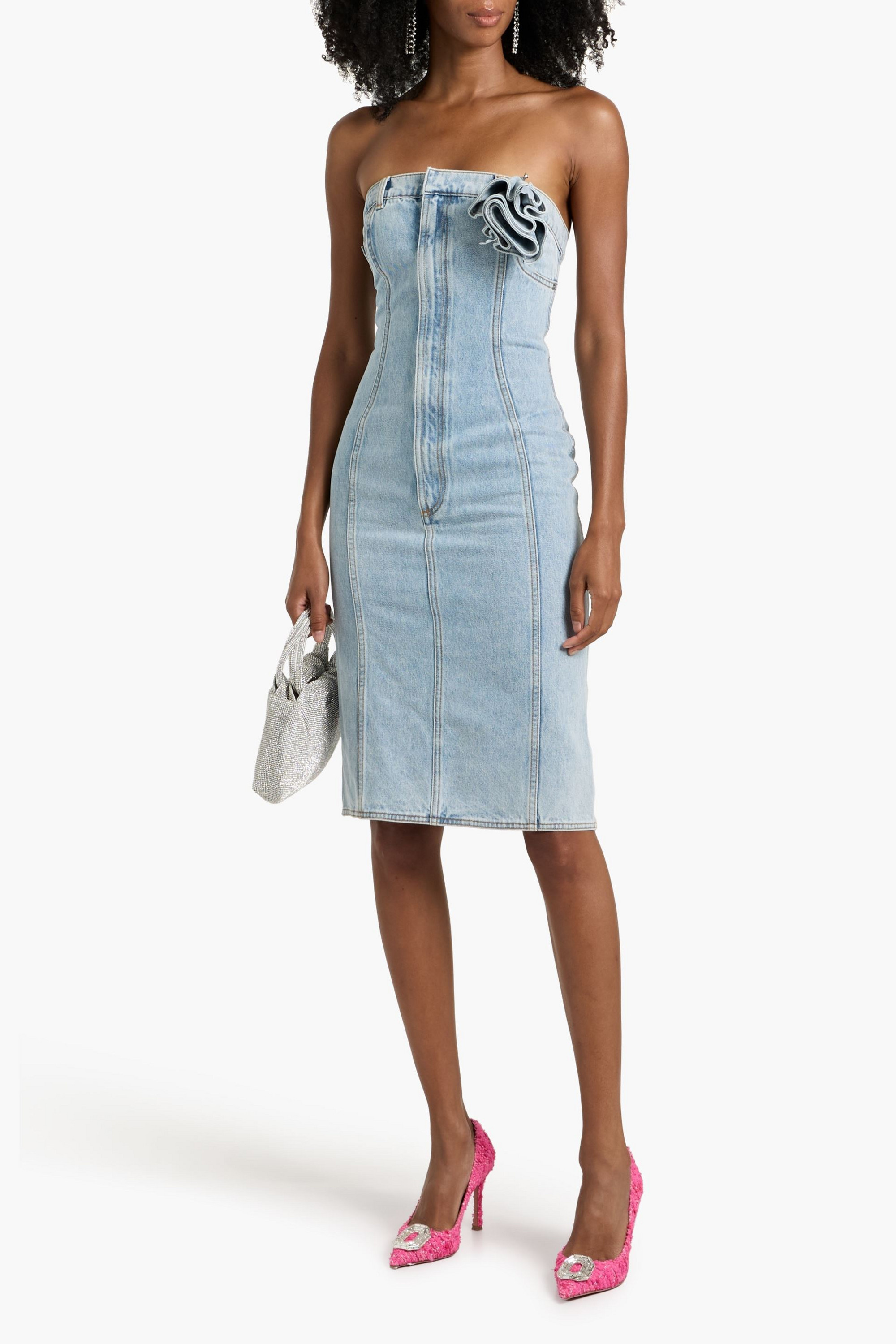 Area Strapless floral-appliquéd denim dress