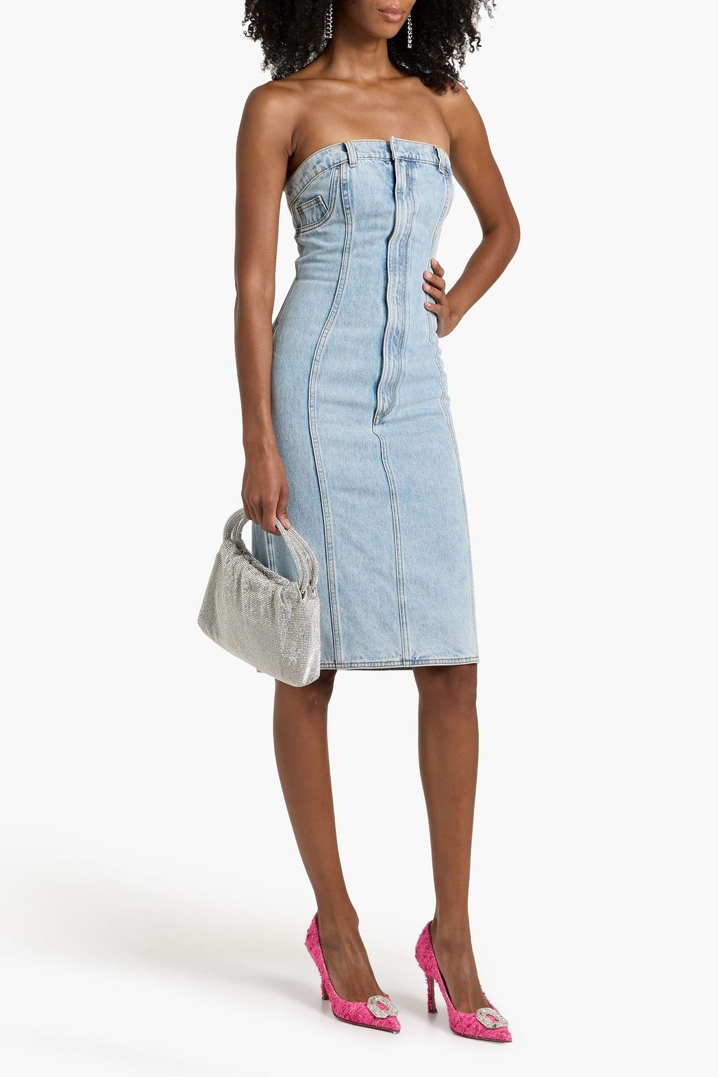AREA Strapless floral-appliquéd denim dress