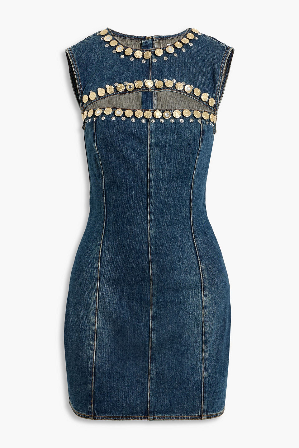Area Crystal Button Studded Slit Denim Mini Dress In Blue