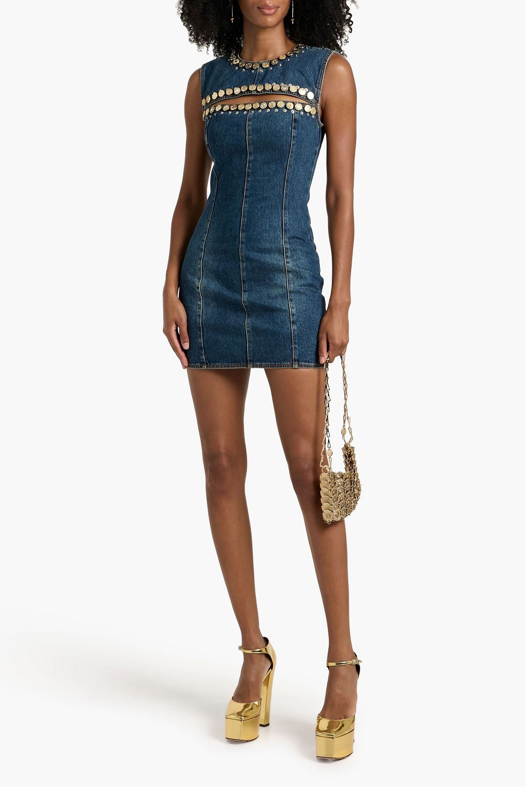 AREA Embellished cutout denim mini dress