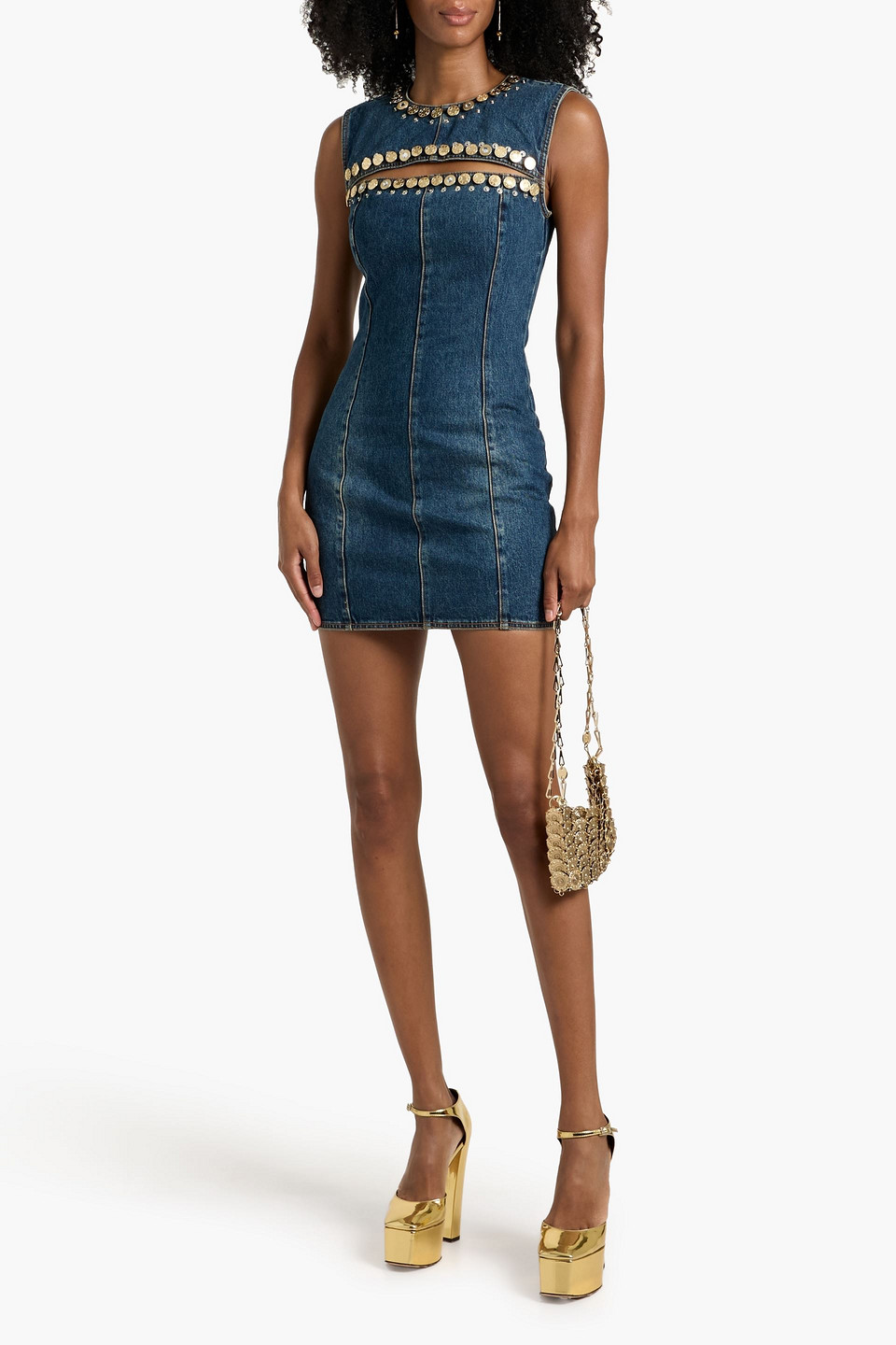 Area Crystal Button Studded Slit Denim Mini Dress In Blue