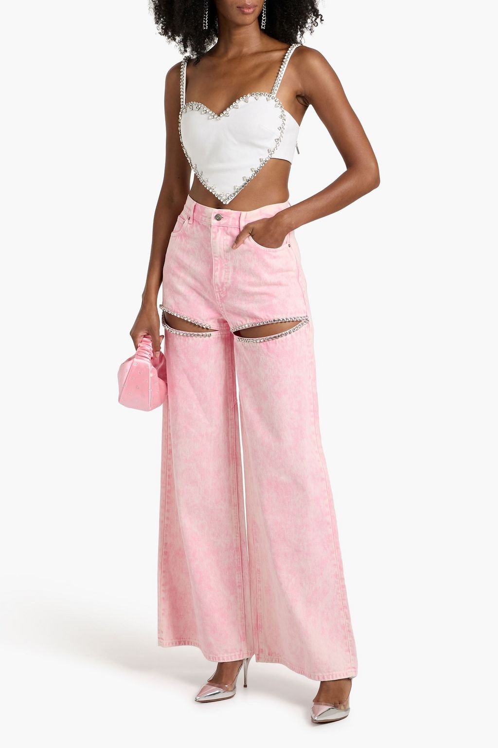 AREA Cropped crystal-embellished ponte bustier top