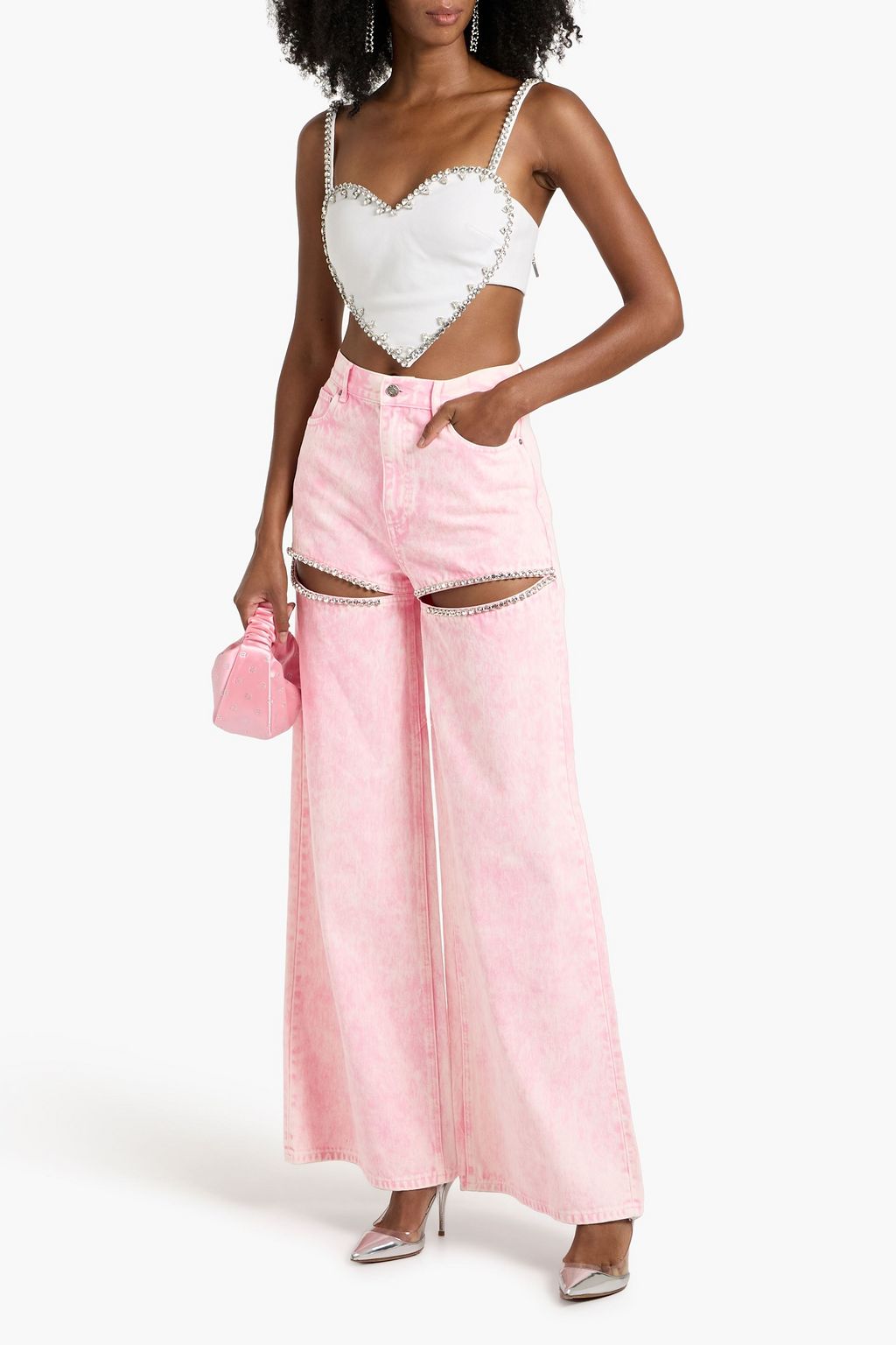 AREA Cutout crystal-embellished high-rise wide-leg jeans