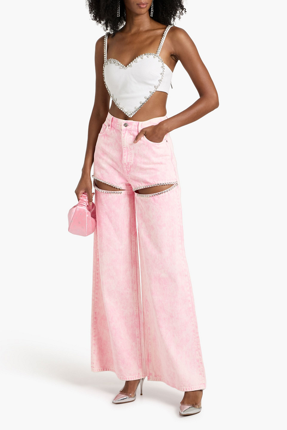 Area Cutout Crystal-embellished High-rise Wide-leg Jeans In Pink
