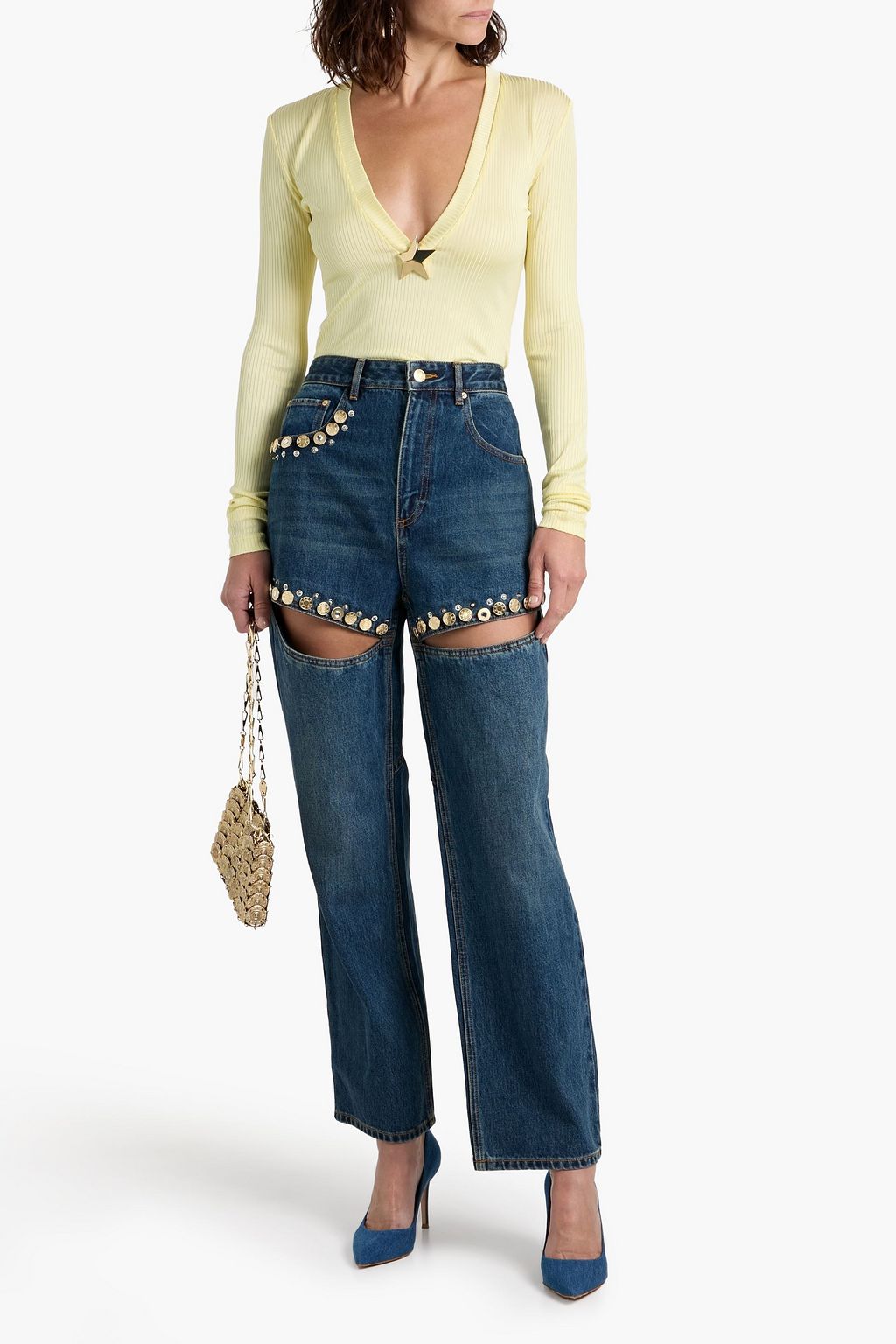 AREA Cutout embellished high-rise wide-leg jeans