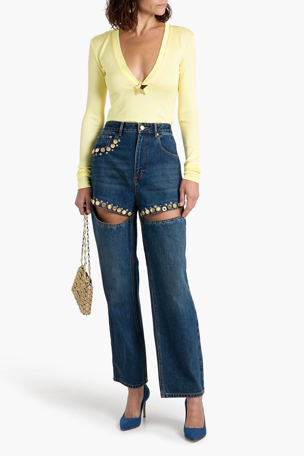 AREA Embellished ribbed jersey top