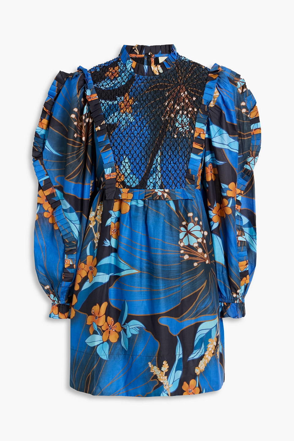 Farm Rio Smocked Floral-print Cotton Mini Dress In Blue
