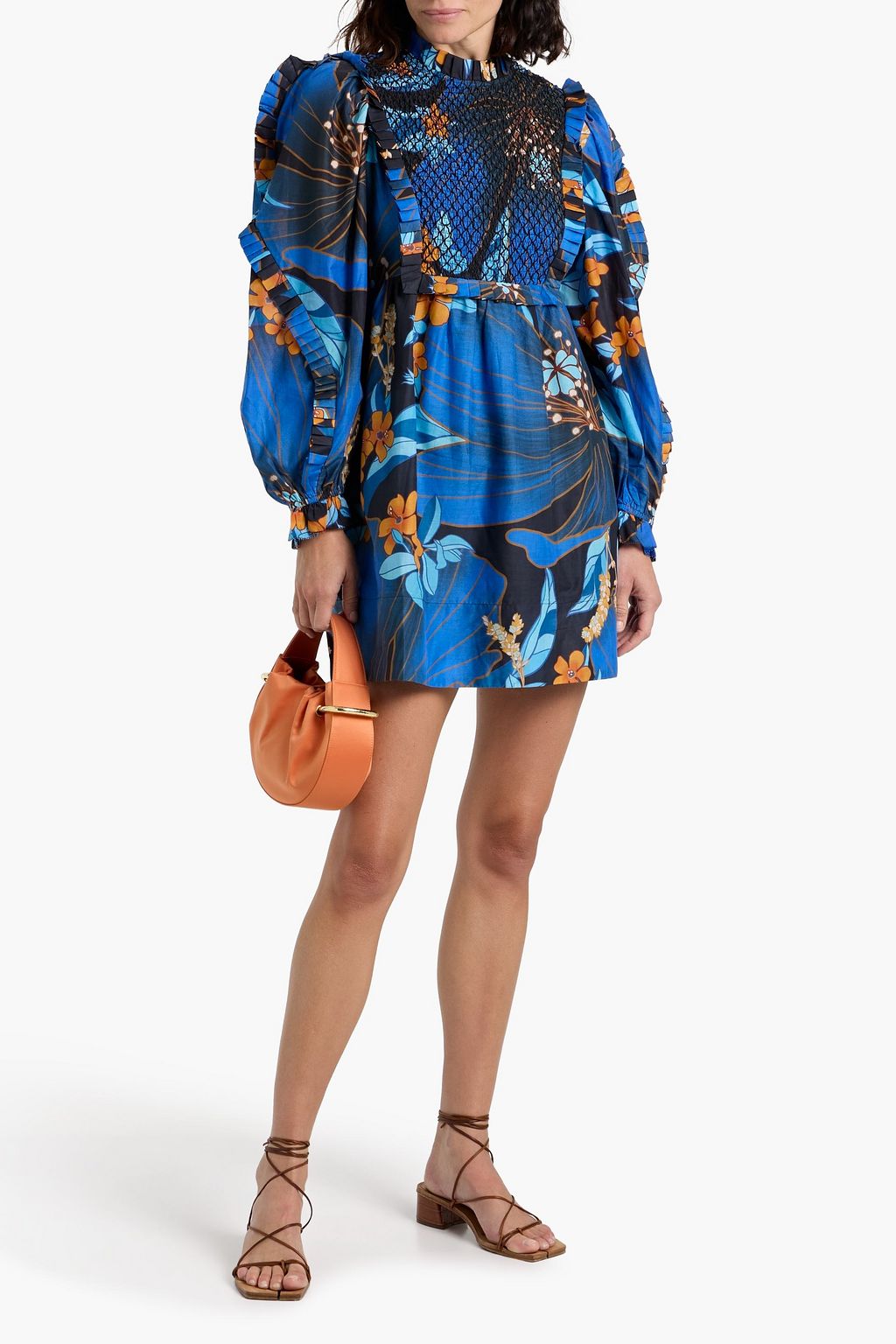 FARM RIO Smocked floral-print cotton mini dress