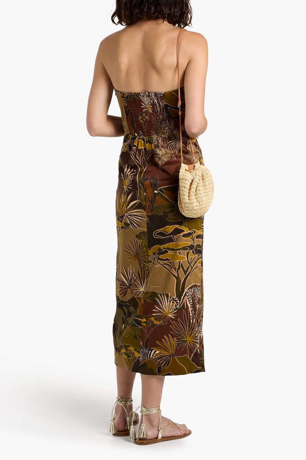 FARM RIO Strapless printed cotton-blend midi dress