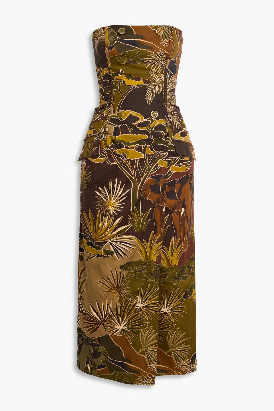 Farm Rio Strapless Printed Cotton-blend Midi Dress In Multi