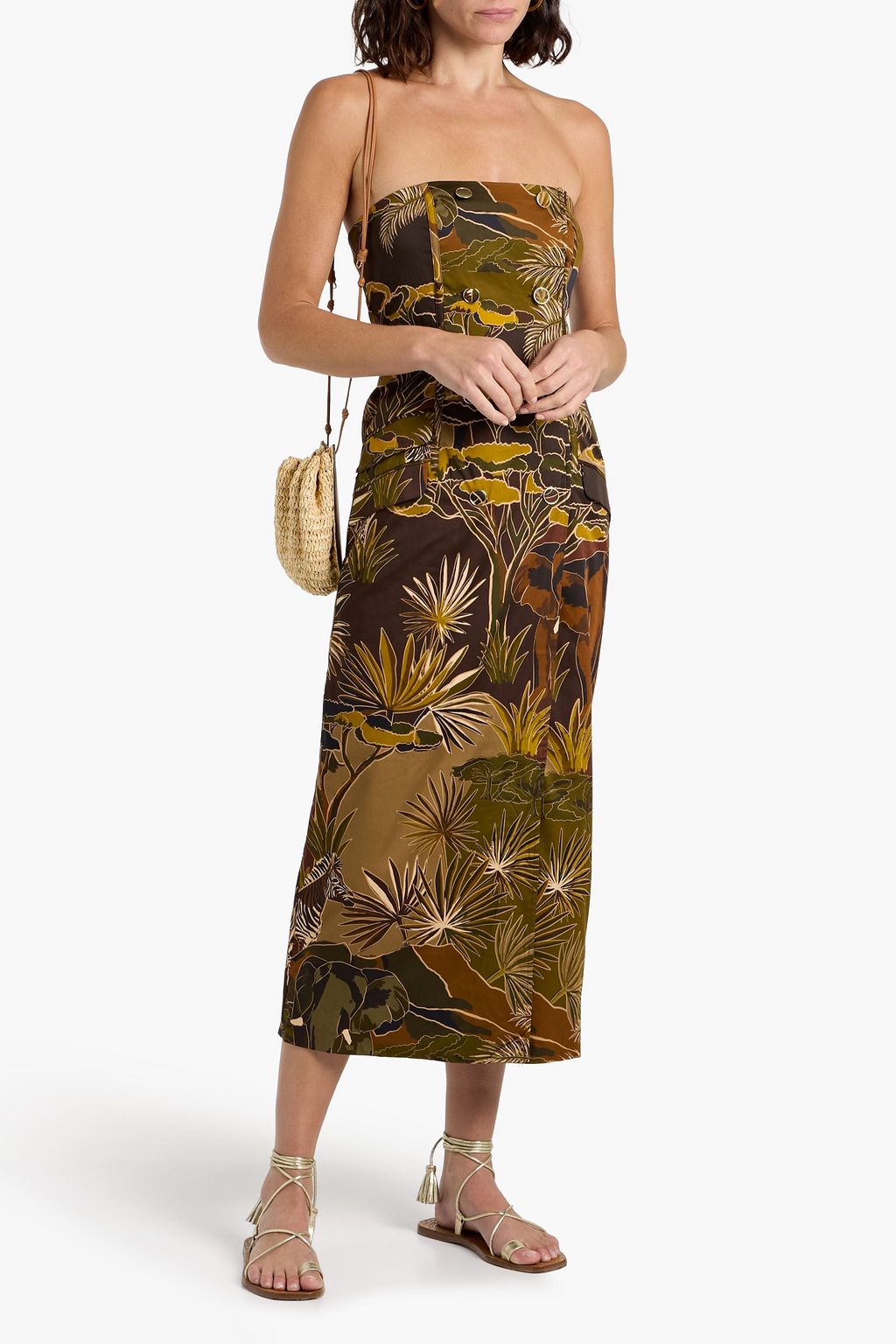 FARM RIO Strapless printed cotton-blend midi dress