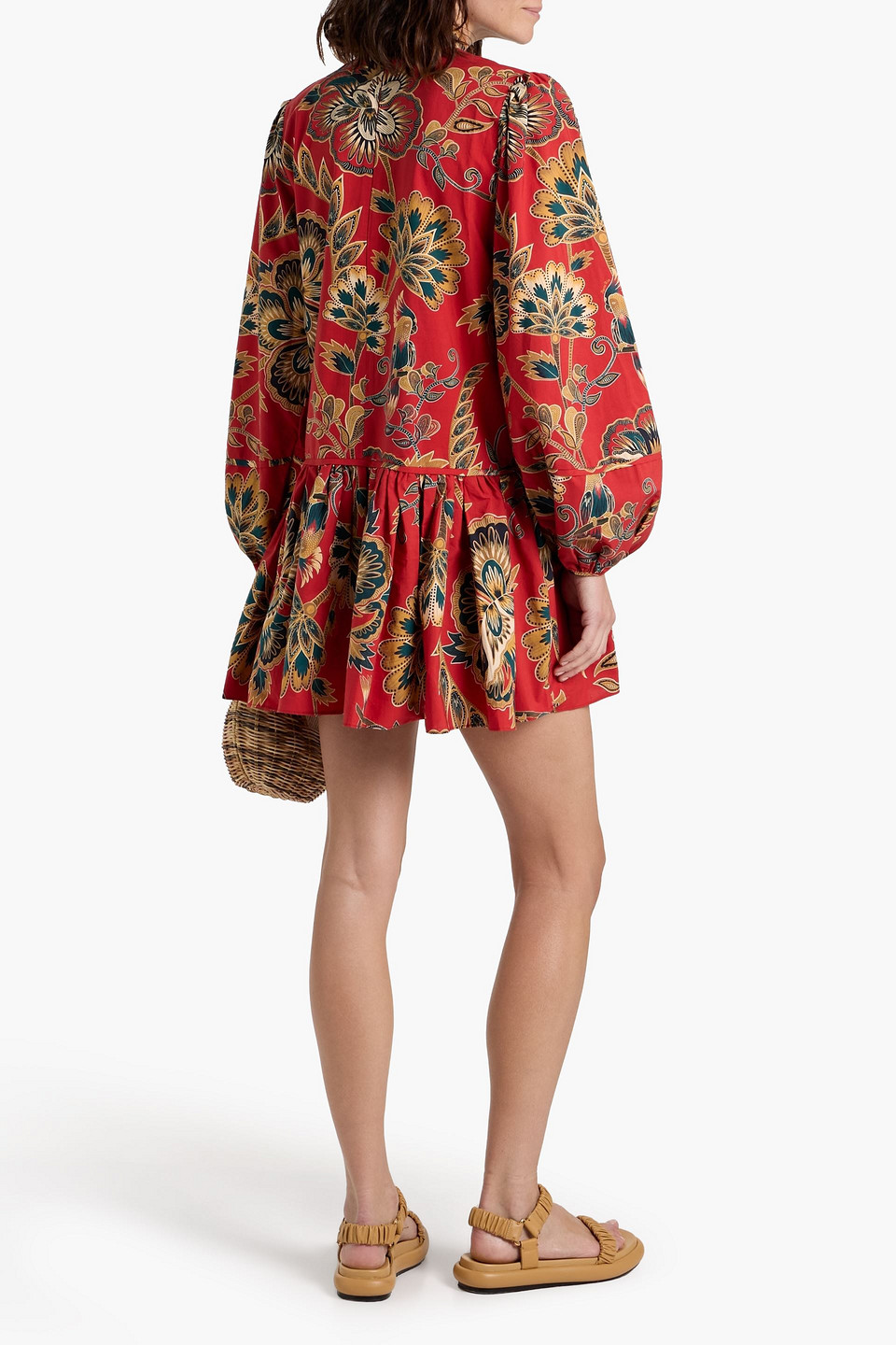 Farm Rio Knotted Printed Cotton Mini Dress In Red