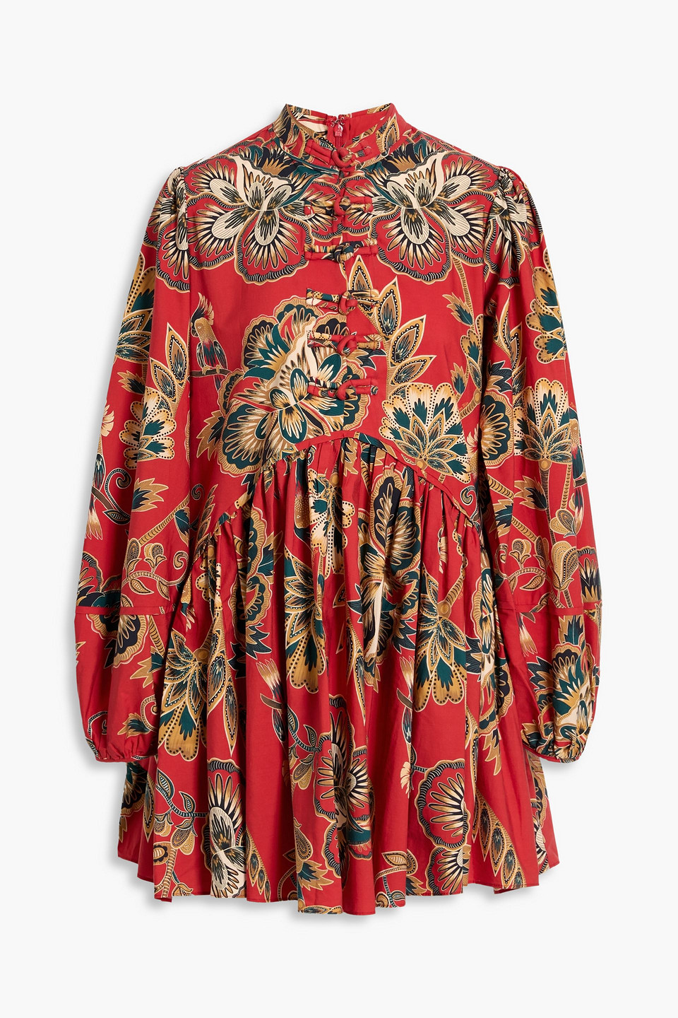 Farm Rio Knotted Printed Cotton Mini Dress In Red