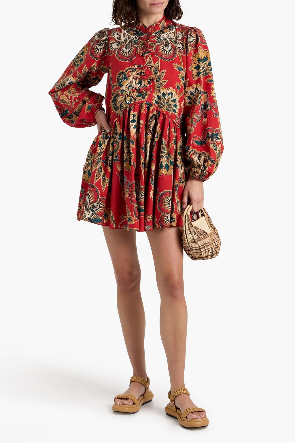 FARM RIO Knotted printed cotton mini dress