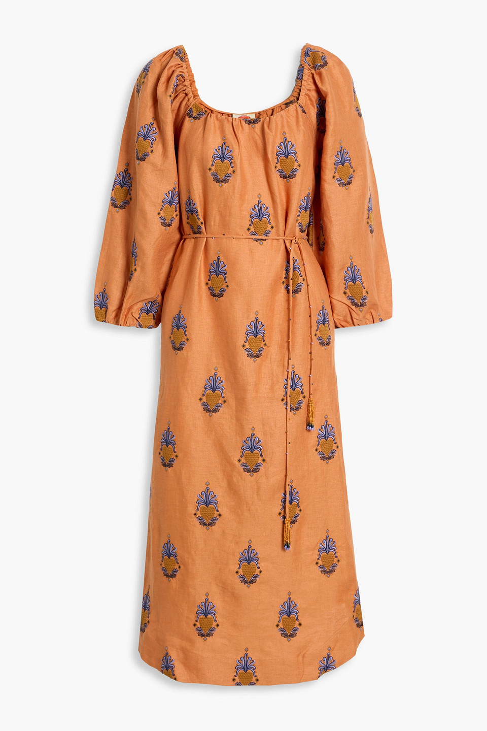 Farm Rio Embroidered Linen Midi Dress In Brown