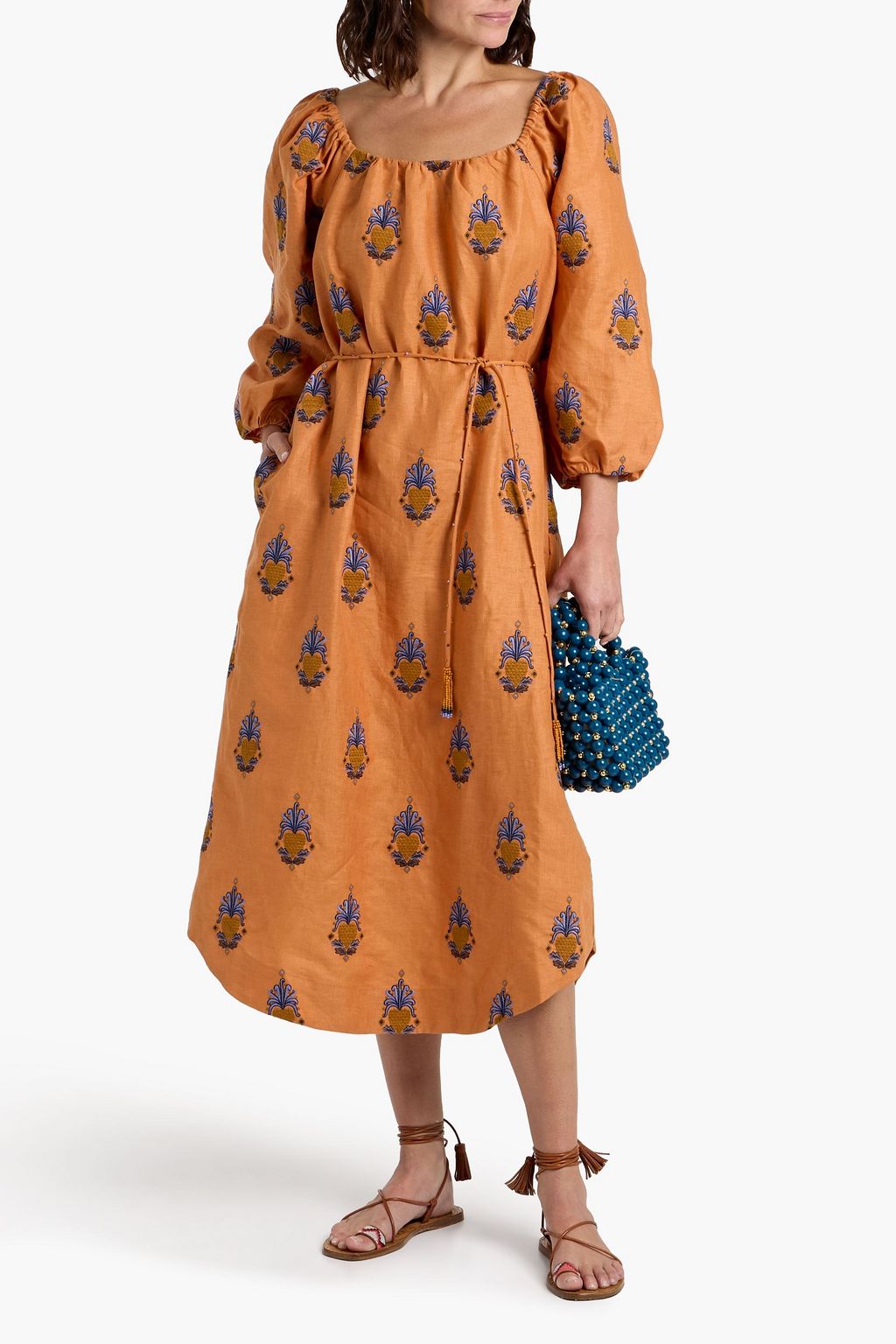 FARM RIO Embroidered linen midi dress