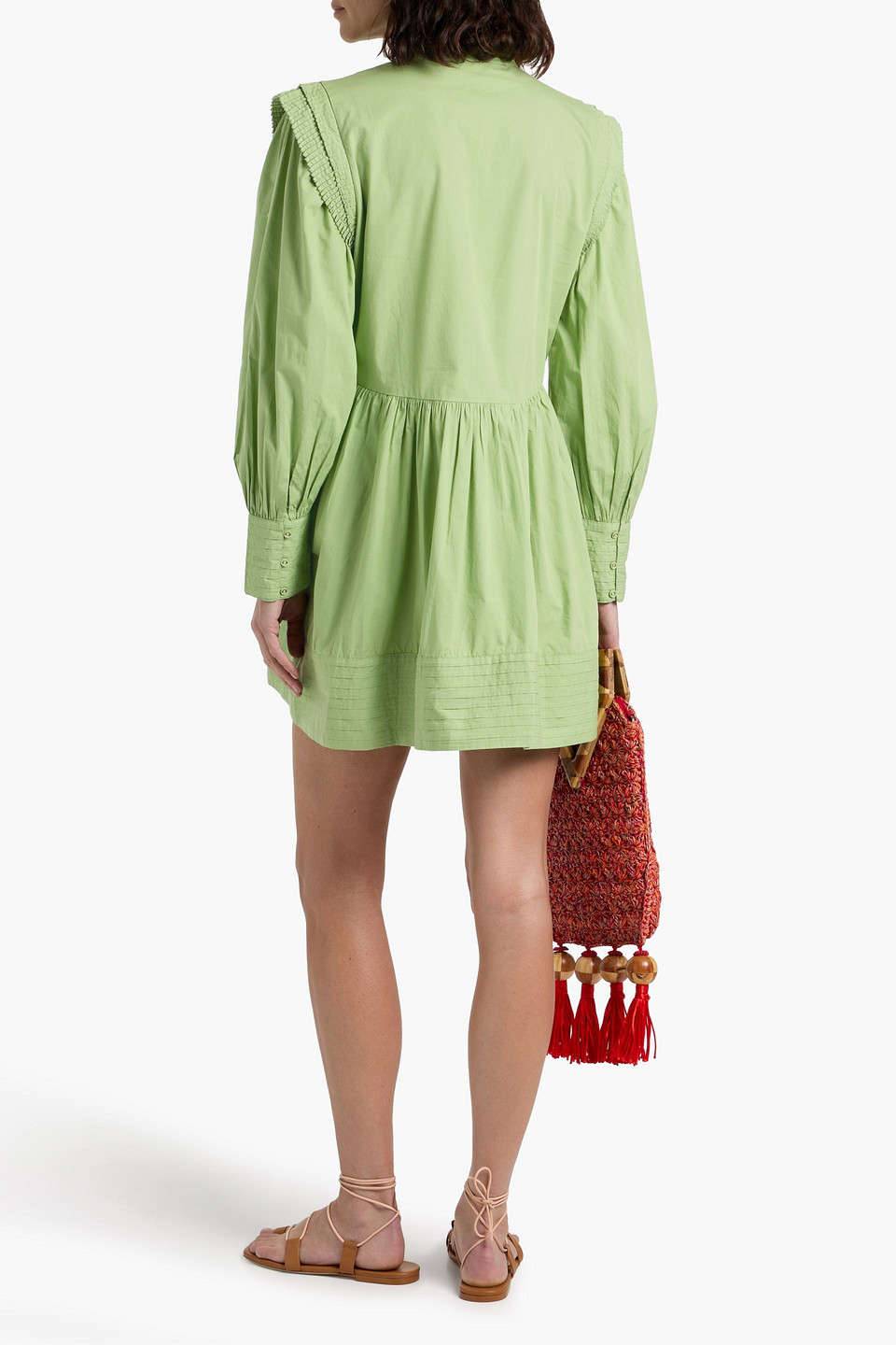 Farm Rio Pintucked Cotton-poplin Mini Dress In Green