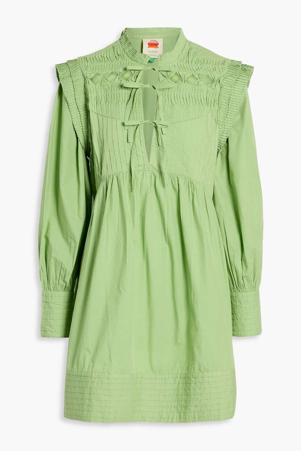 Farm Rio Pintucked Cotton-poplin Mini Dress In Green