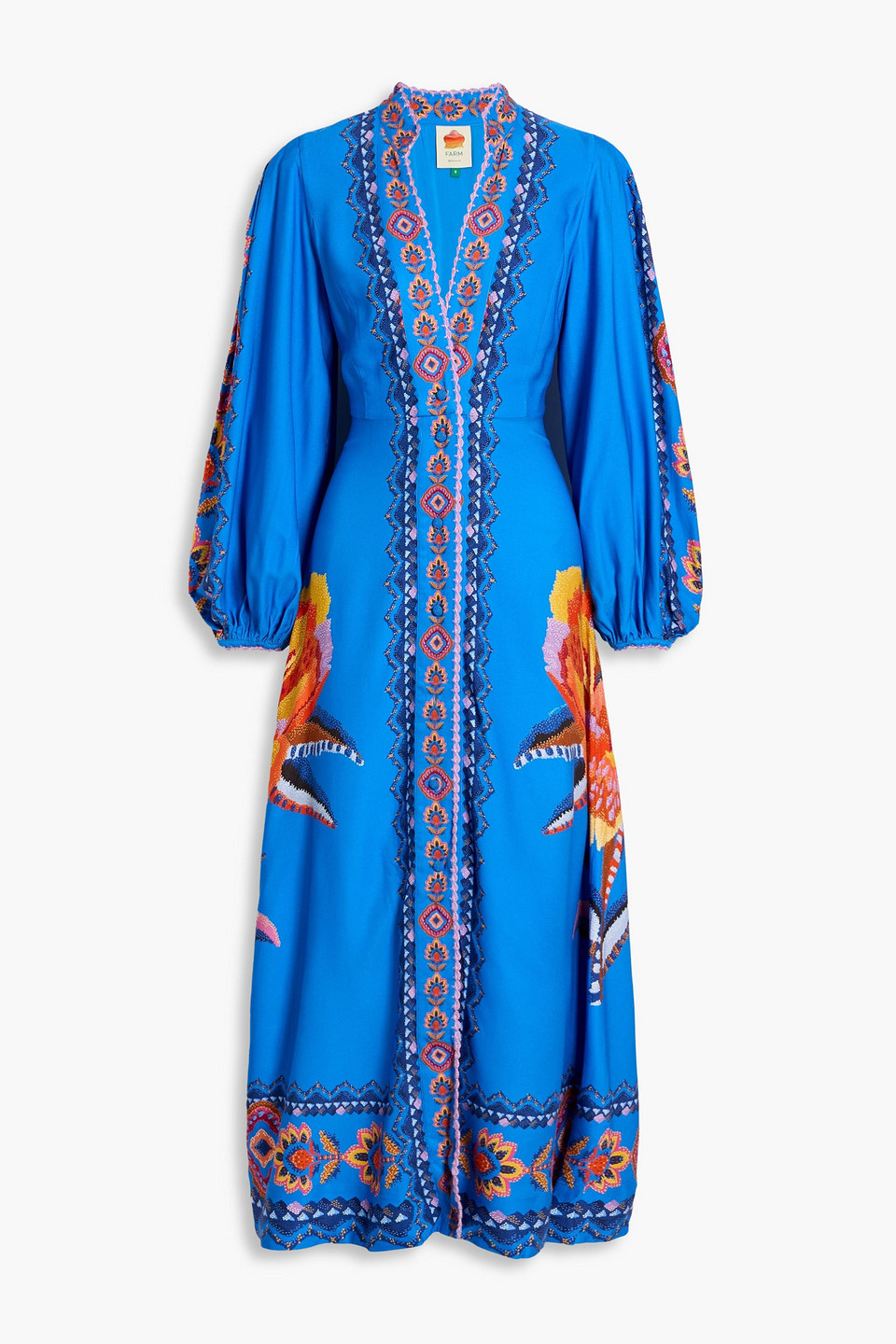 Farm Rio Crochet-trimmed Printed Twill Maxi Dress In Blue