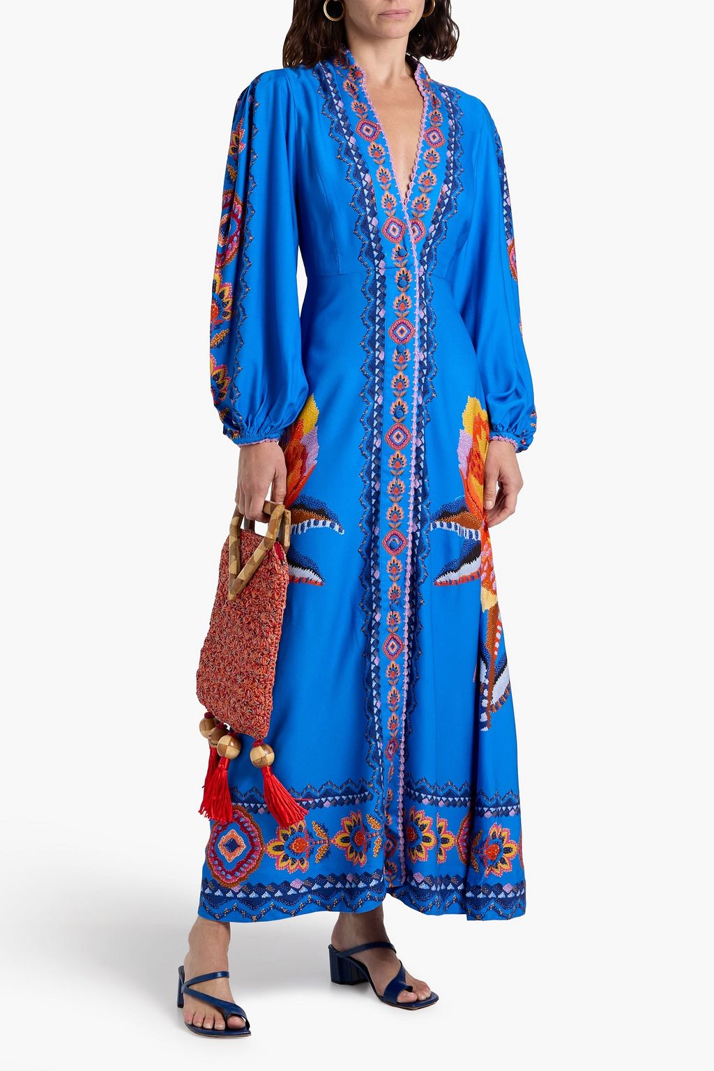 FARM RIO Crochet-trimmed printed twill maxi dress