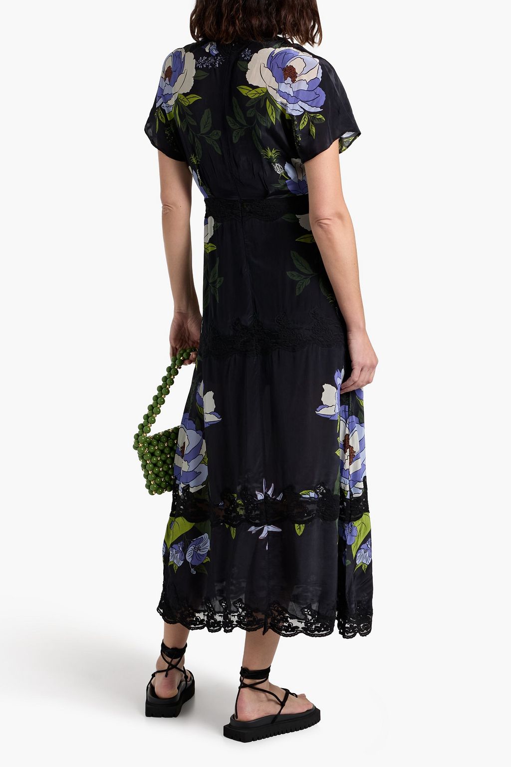FARM RIO Lace-trimmed floral-print crepe de chine maxi dress