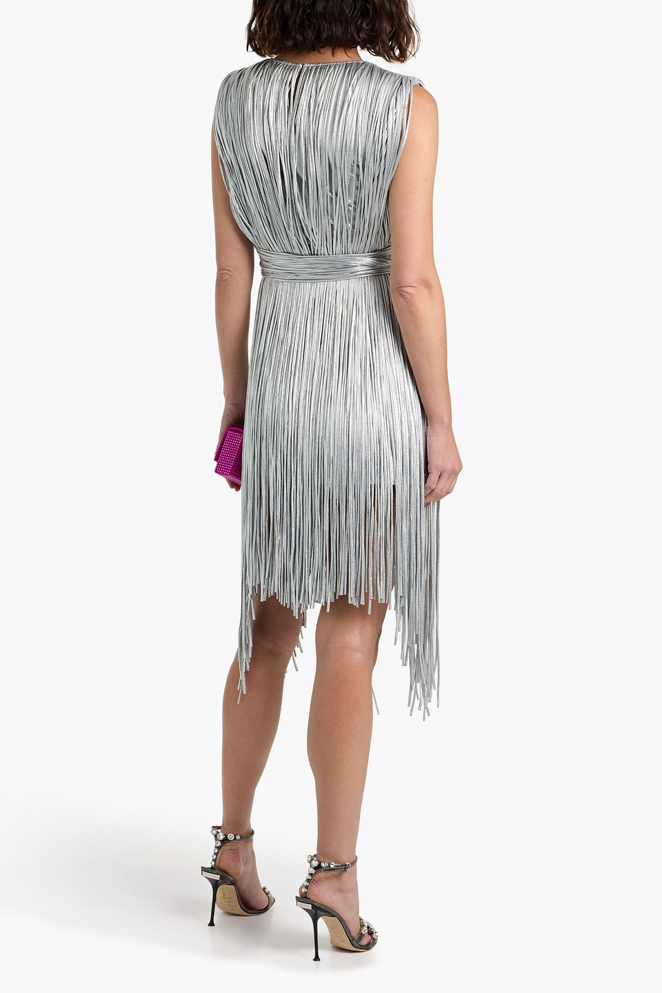 Area Fringed Metallic Cotton-blend Jersey Mini Dress In Gray