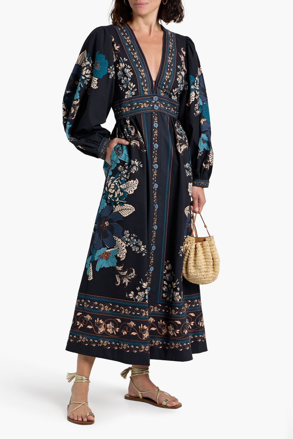 FARM RIO Printed cotton-poplin midi dress