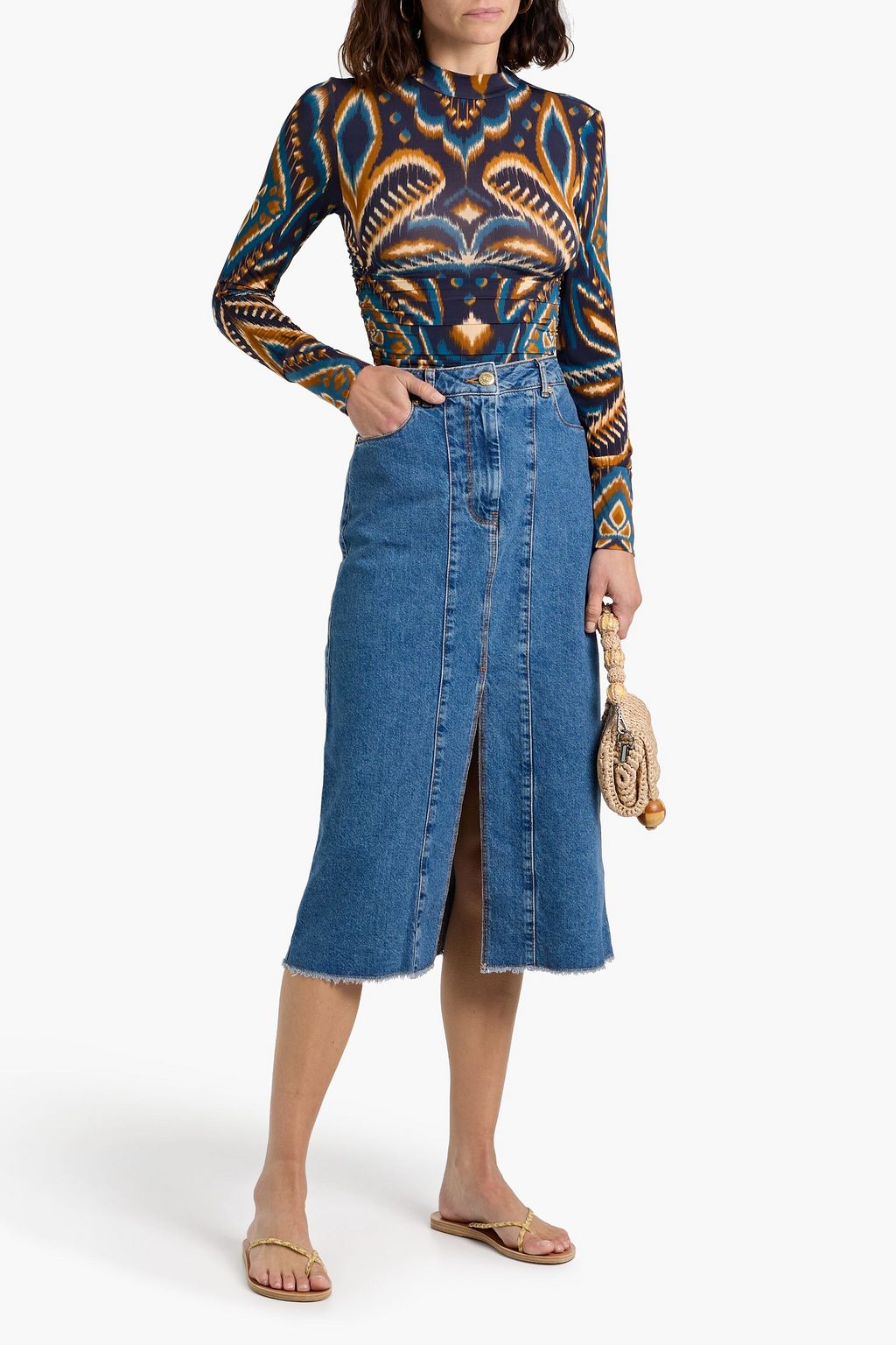 FARM RIO Denim midi skirt