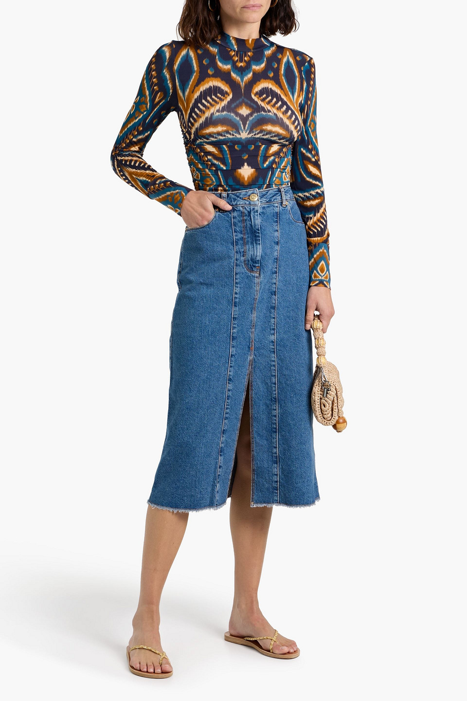 Farm Rio Denim Midi Skirt In Blue