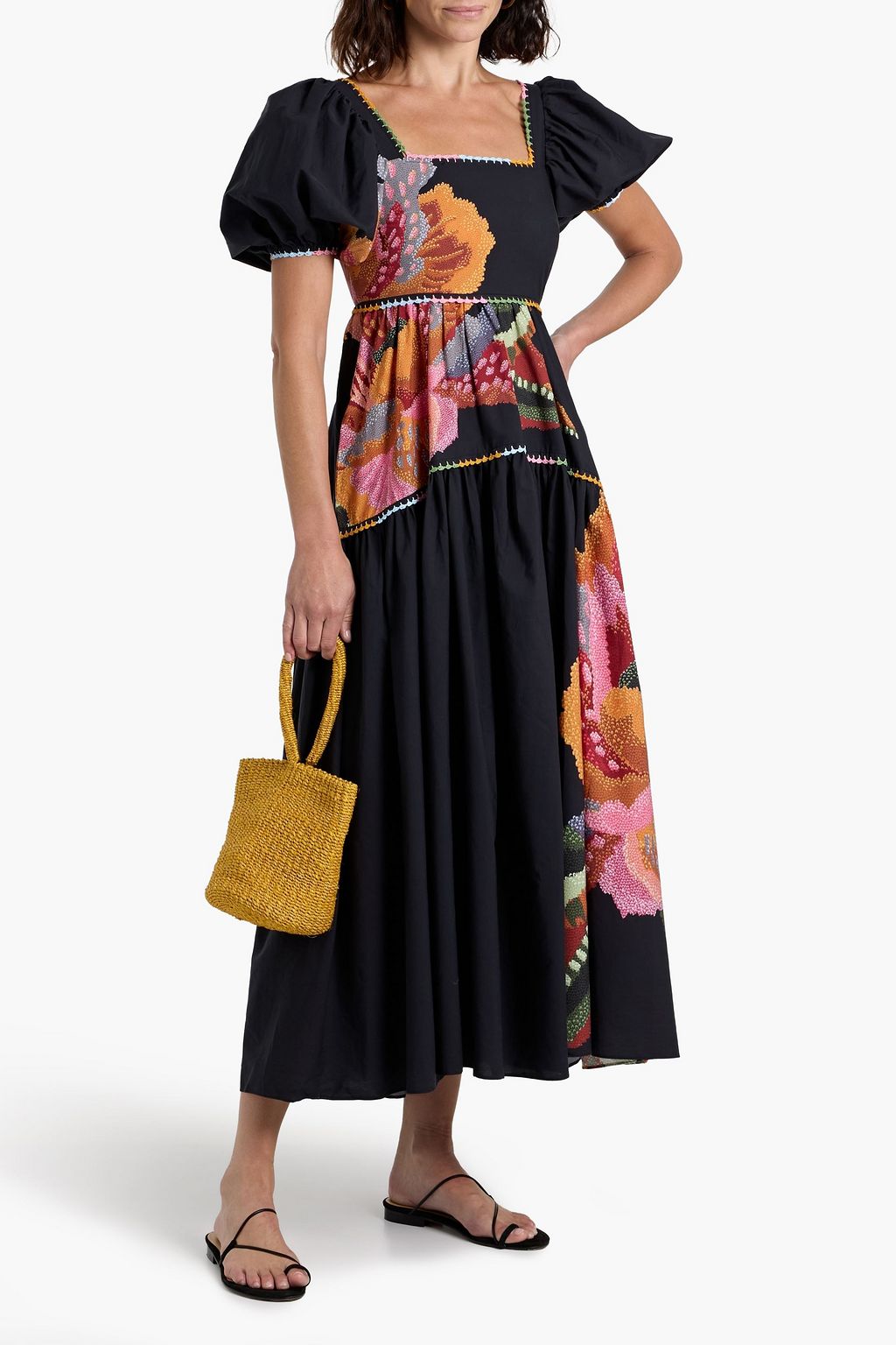 FARM RIO Crochet-trimmed floral-print cotton-poplin maxi dress