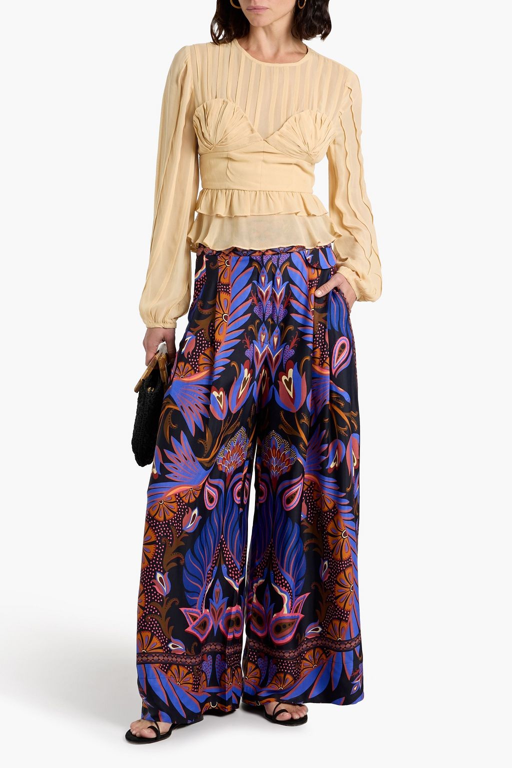 FARM RIO Pintucked crepe de chine blouse