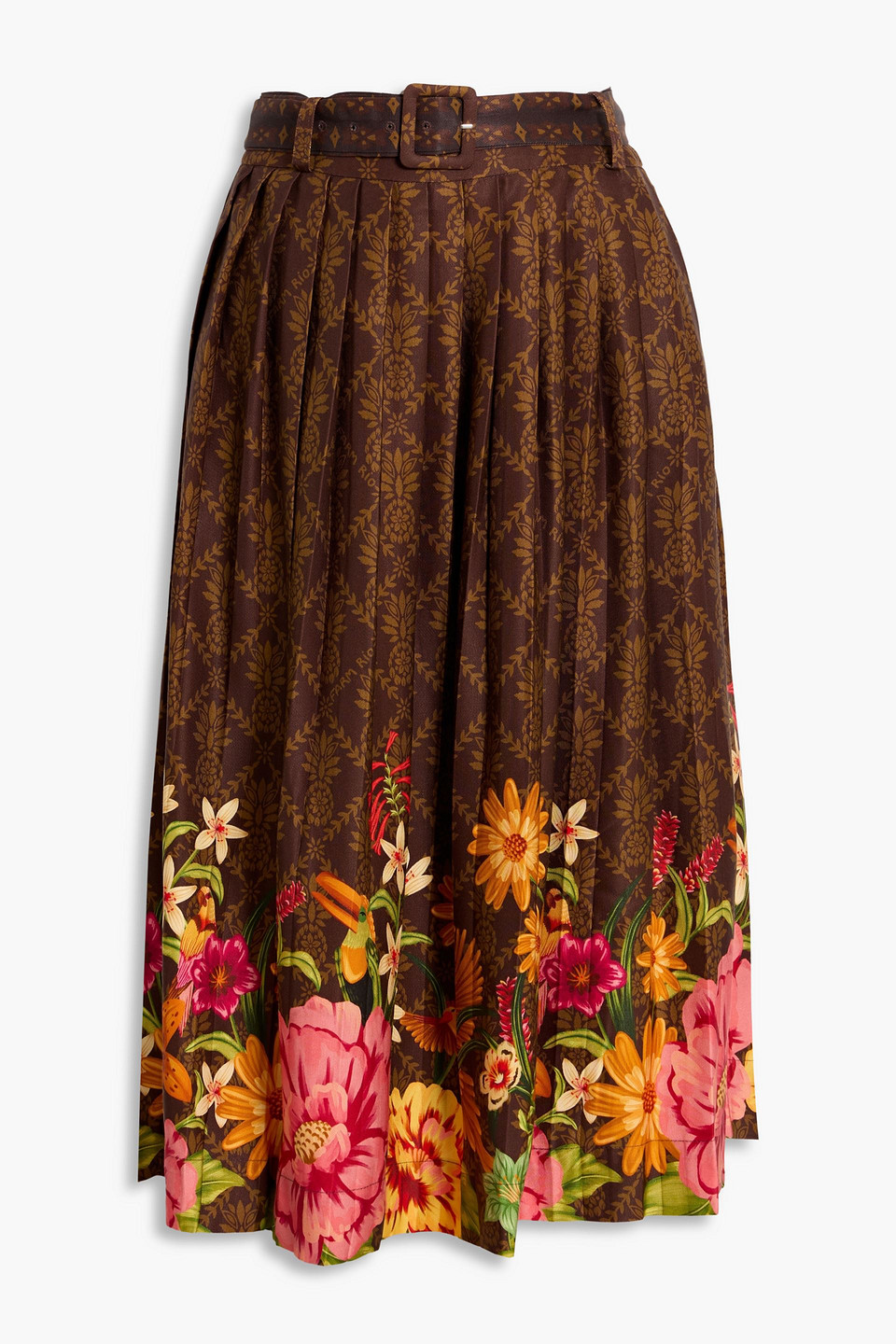 Farm Rio Pleated Floral-print Tencel™ Twill Midi Skirt In Brown