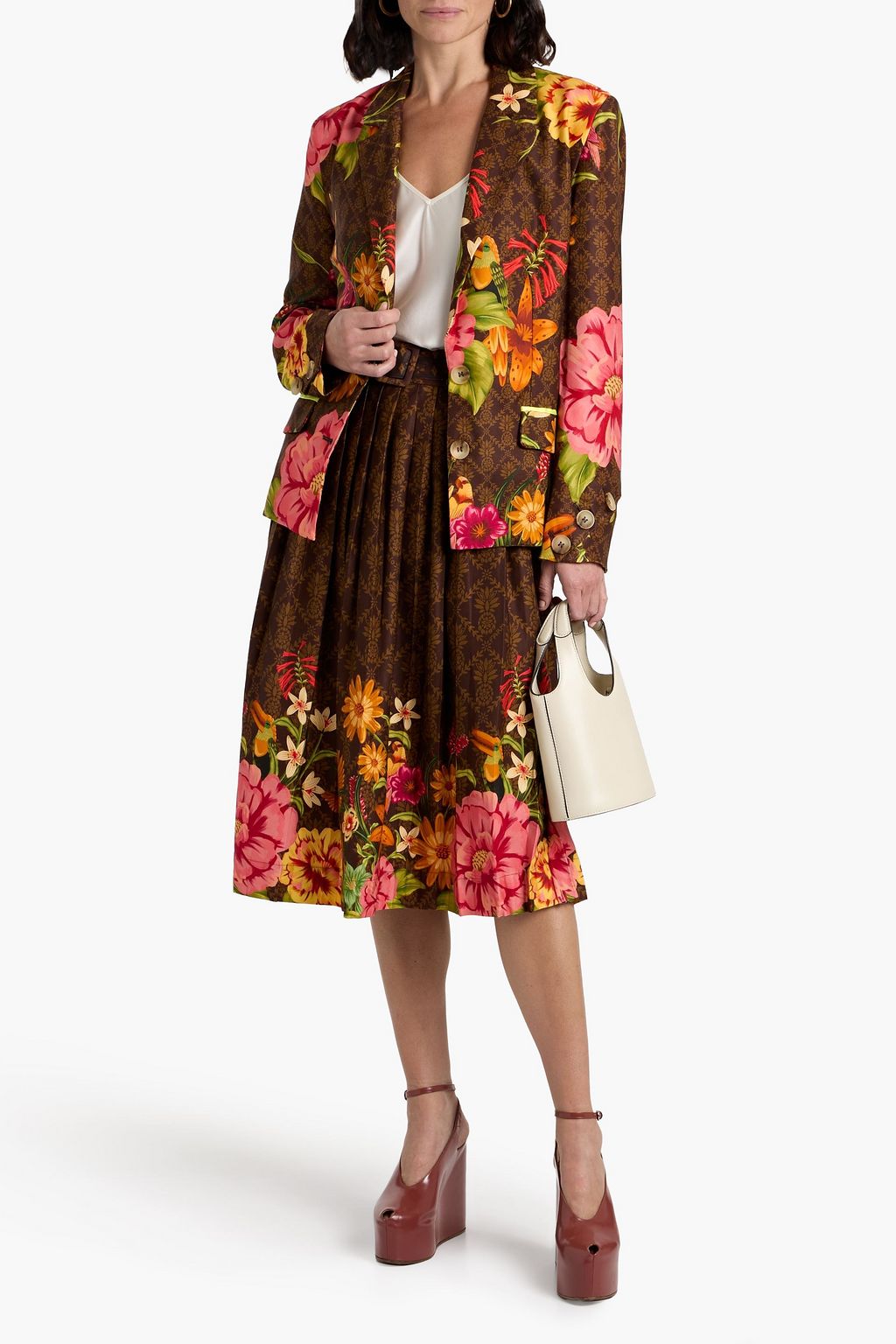 FARM RIO Pleated floral-print TENCEL™ twill midi skirt