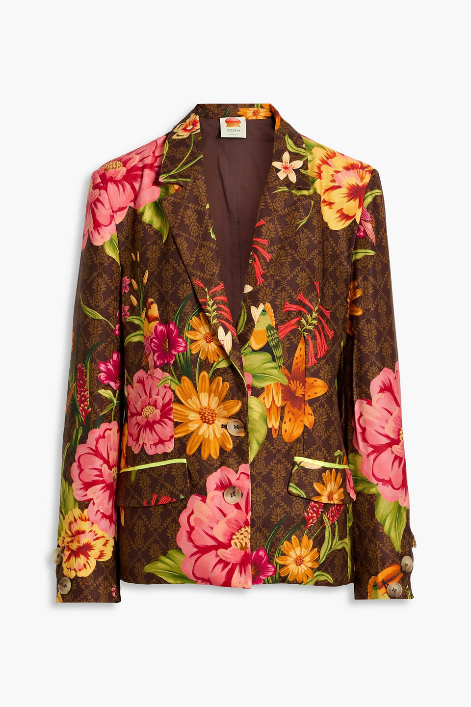 Farm Rio Floral-print Tencel™ Twill Blazer In Brown