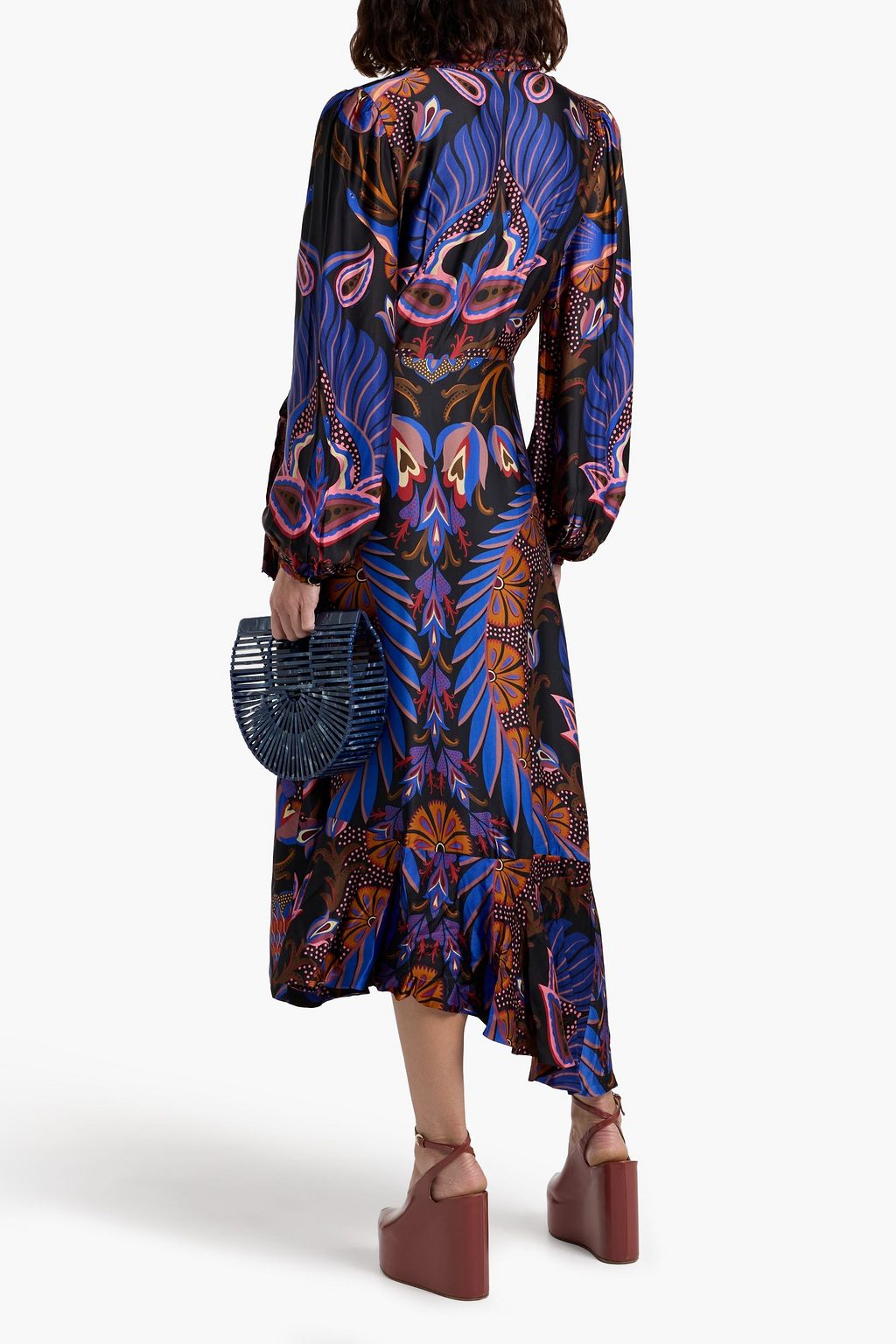 FARM RIO Asymmetric printed satin midi wrap dress