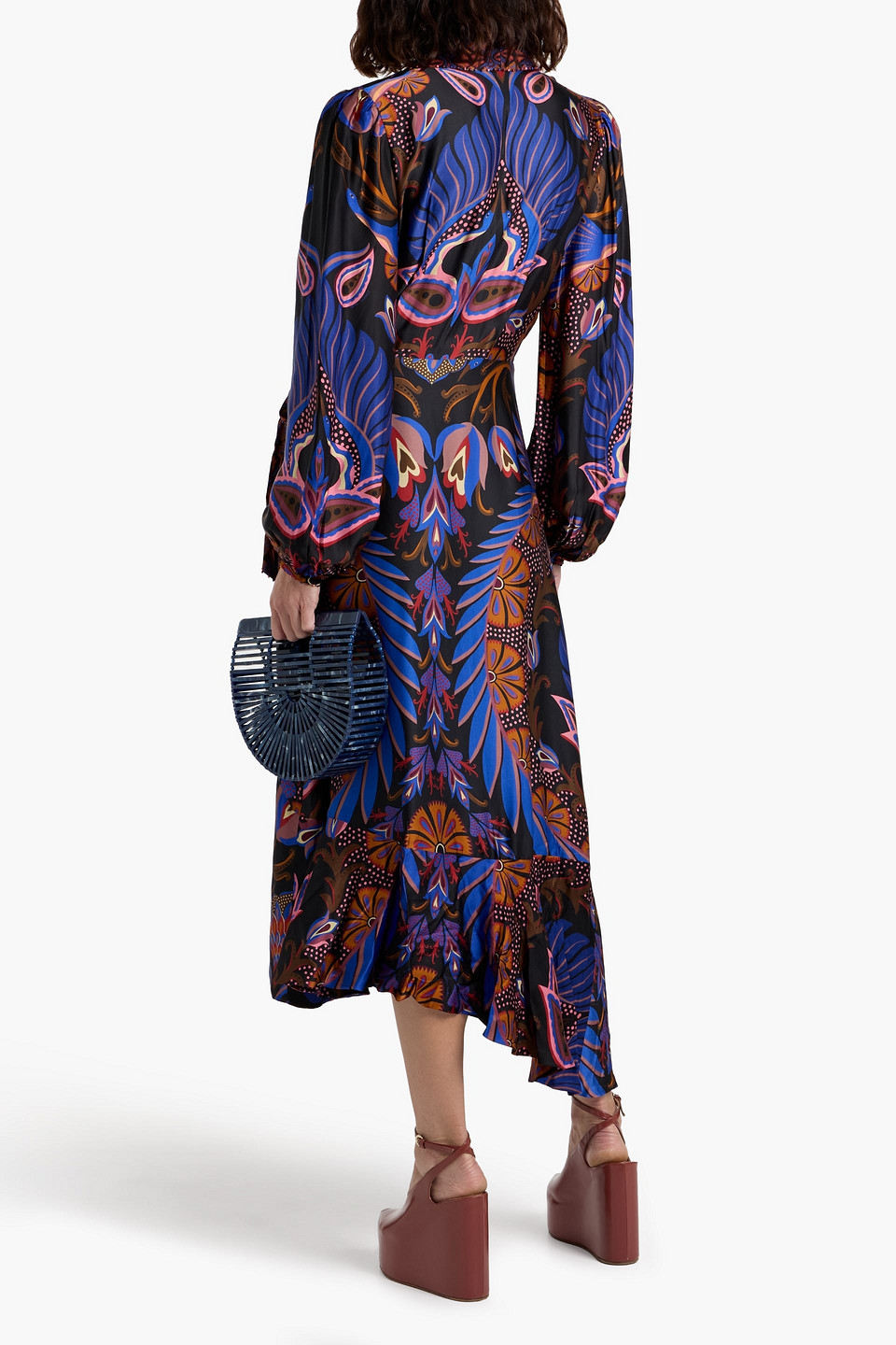 Farm Rio Asymmetric Printed Satin Midi Wrap Dress In Multi