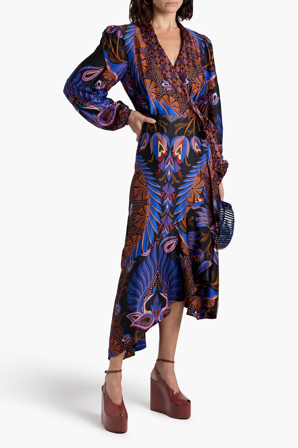 FARM RIO Asymmetric printed satin midi wrap dress